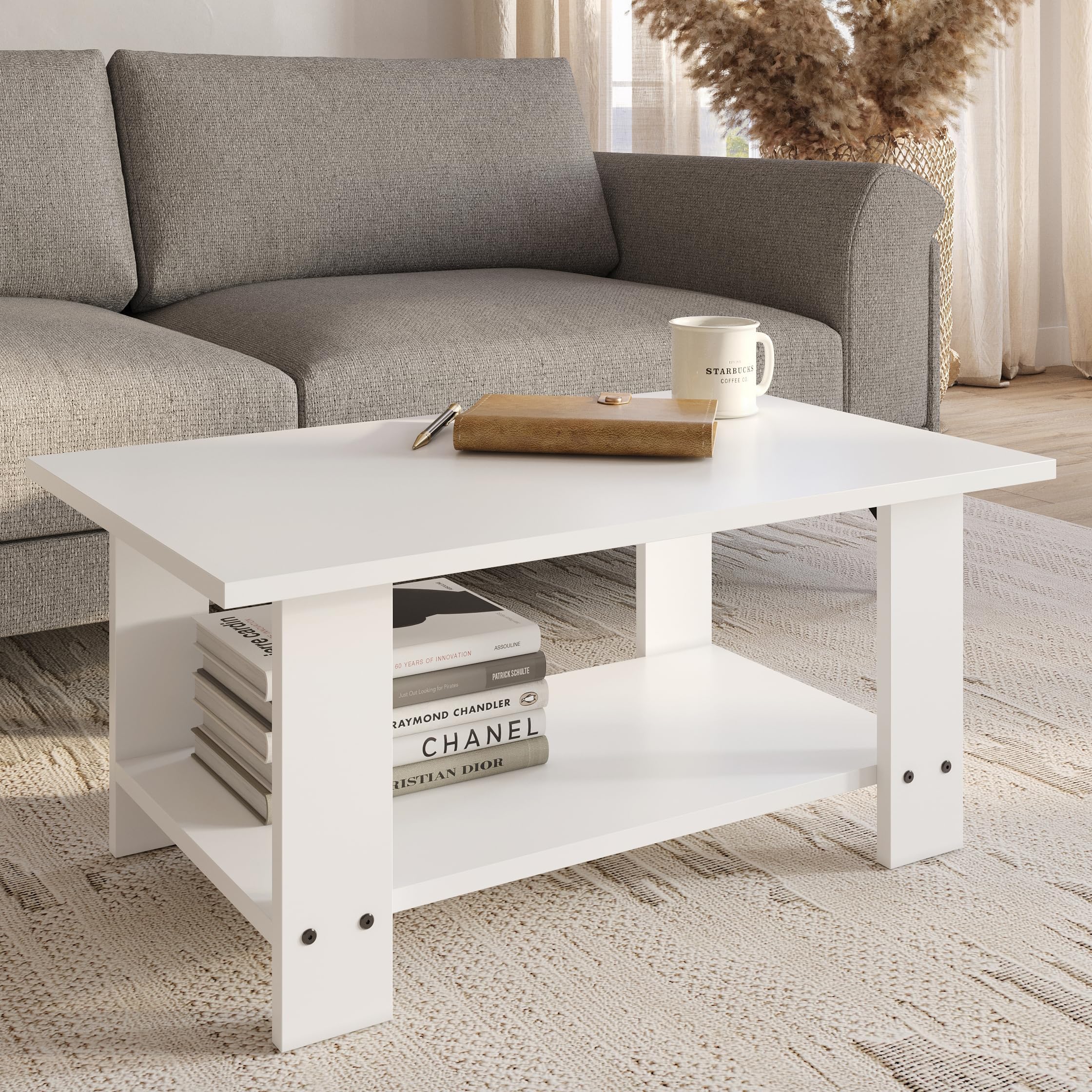 FURLAY LatteEdge Engineered Wood Coffee Table with Bottom Shelf – 90 x 55 x 40 cm (001, White)