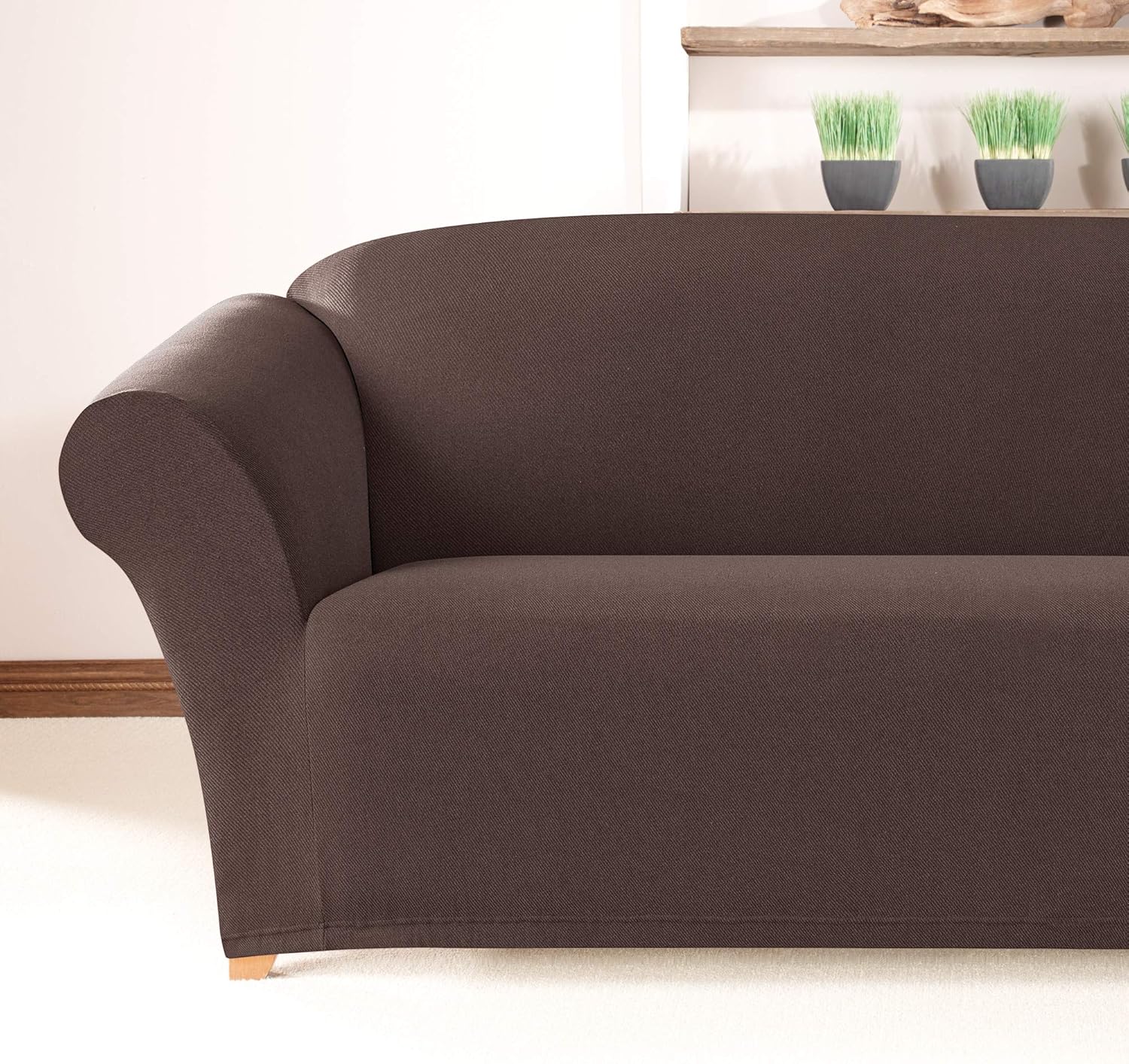 Sure Fit Simple Stretch Twill Box Cushion Sofa One Piece Slipcover, Form Fit, Polyester/Spandex, Machine Washable, Chocolate : Everything Else
