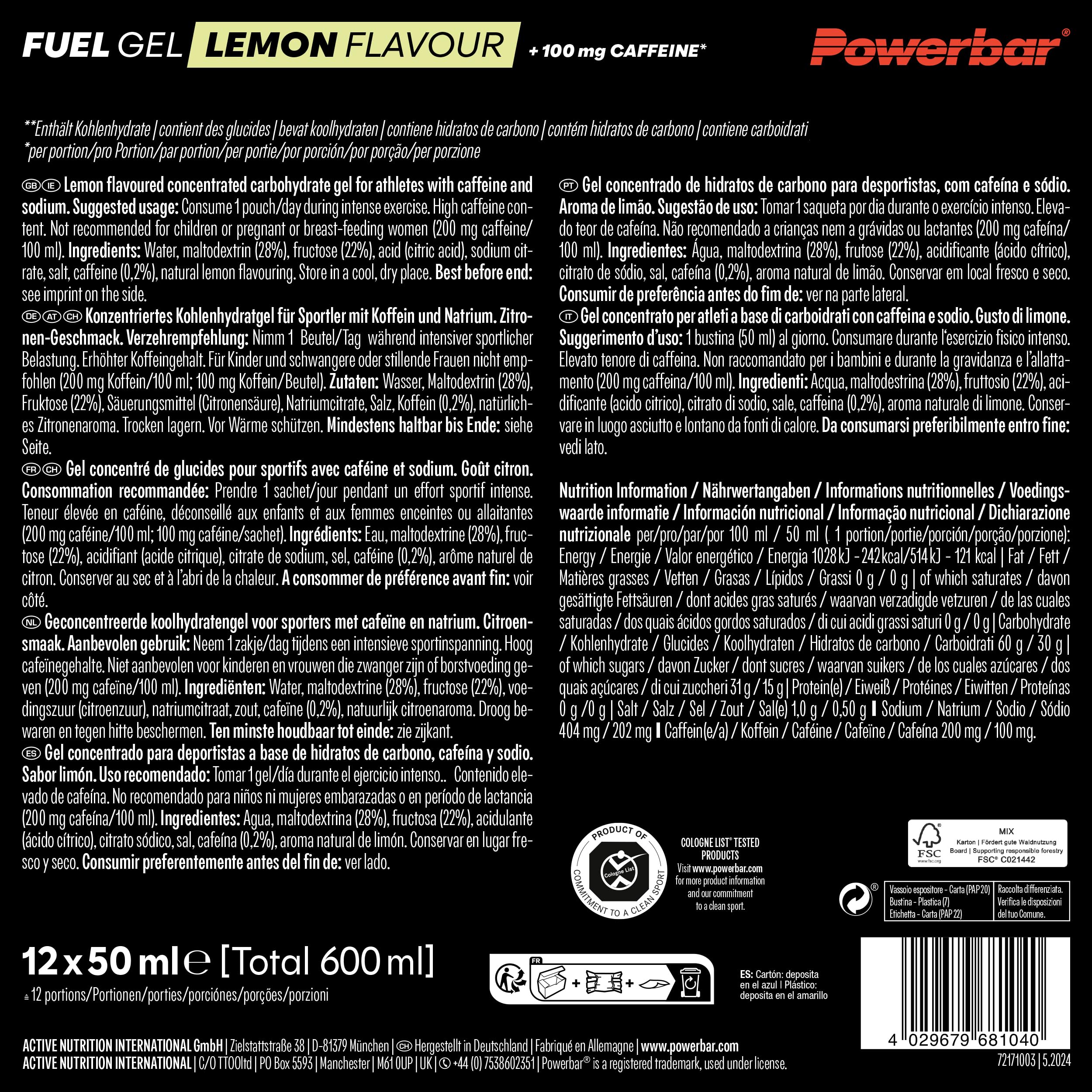 Powerbar - Black Line - Fuel 30 Gel - Lemon - 12x50ml - Gel energetico ad alto contenuto di carboidrati - 100mg di caffeina