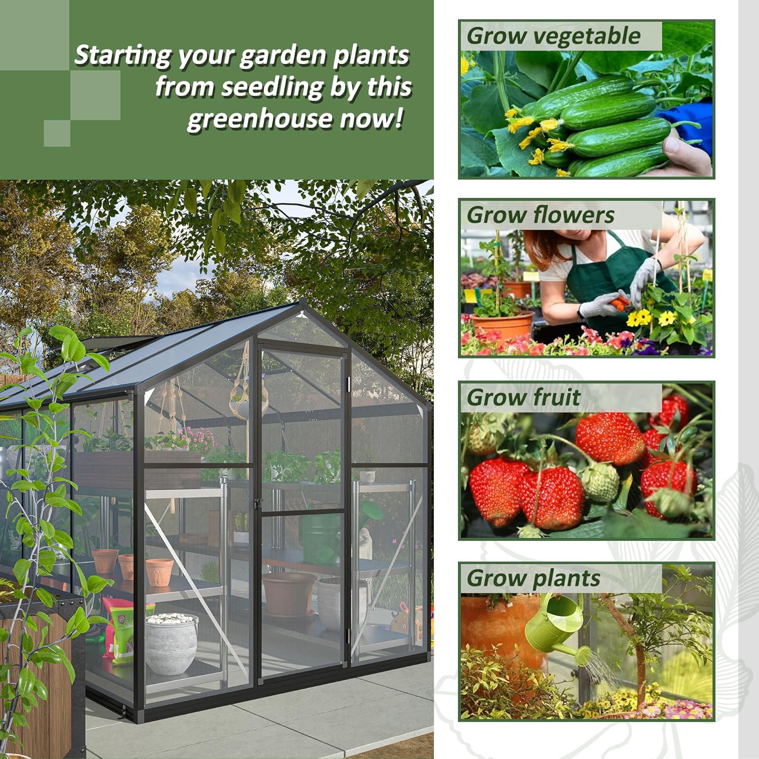 6‘ x 8’ Outdoor Conservatory, Polycarbonate Conservatory with Quick Fit Structure and Roof Vent for Outdoor Garden Backyard (Black, 6'x 8')