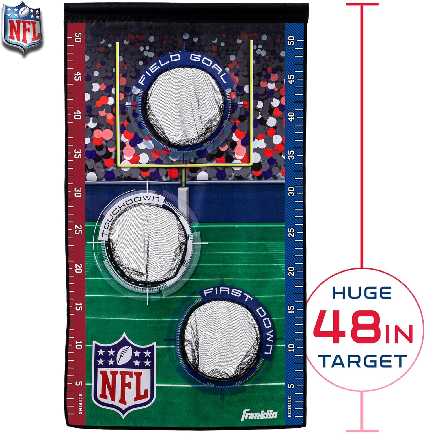 Franklin Sports NFL Mini Football Toss Target Game - NFL Door Jam Football Over the Door Target + (4) Mini Balls Set - 3 Hole Throwing Game for All Ages - Practice Passing + Aim