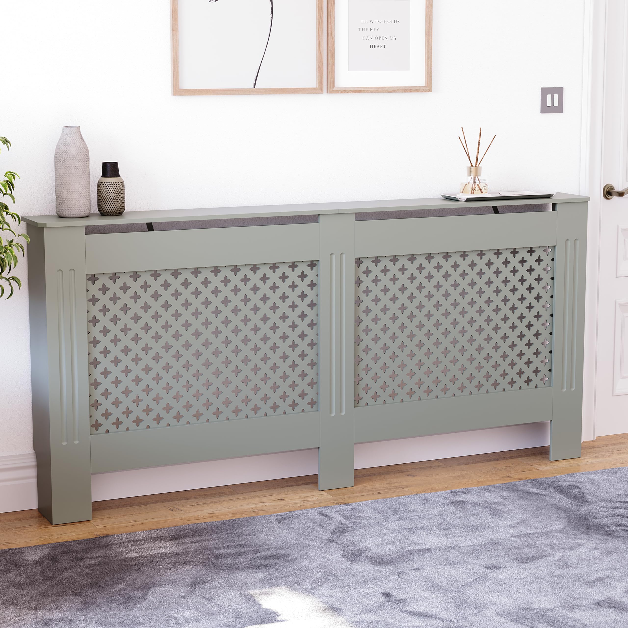 Vida Designs Oxford Radiator Cover Olive Grey - Extra Large - Traditional Cross Pattern Design For Optimal Heat Circulation - H82xW172xD19cm - Painted MDF Cabinet Ideal For Living Room & Hallway