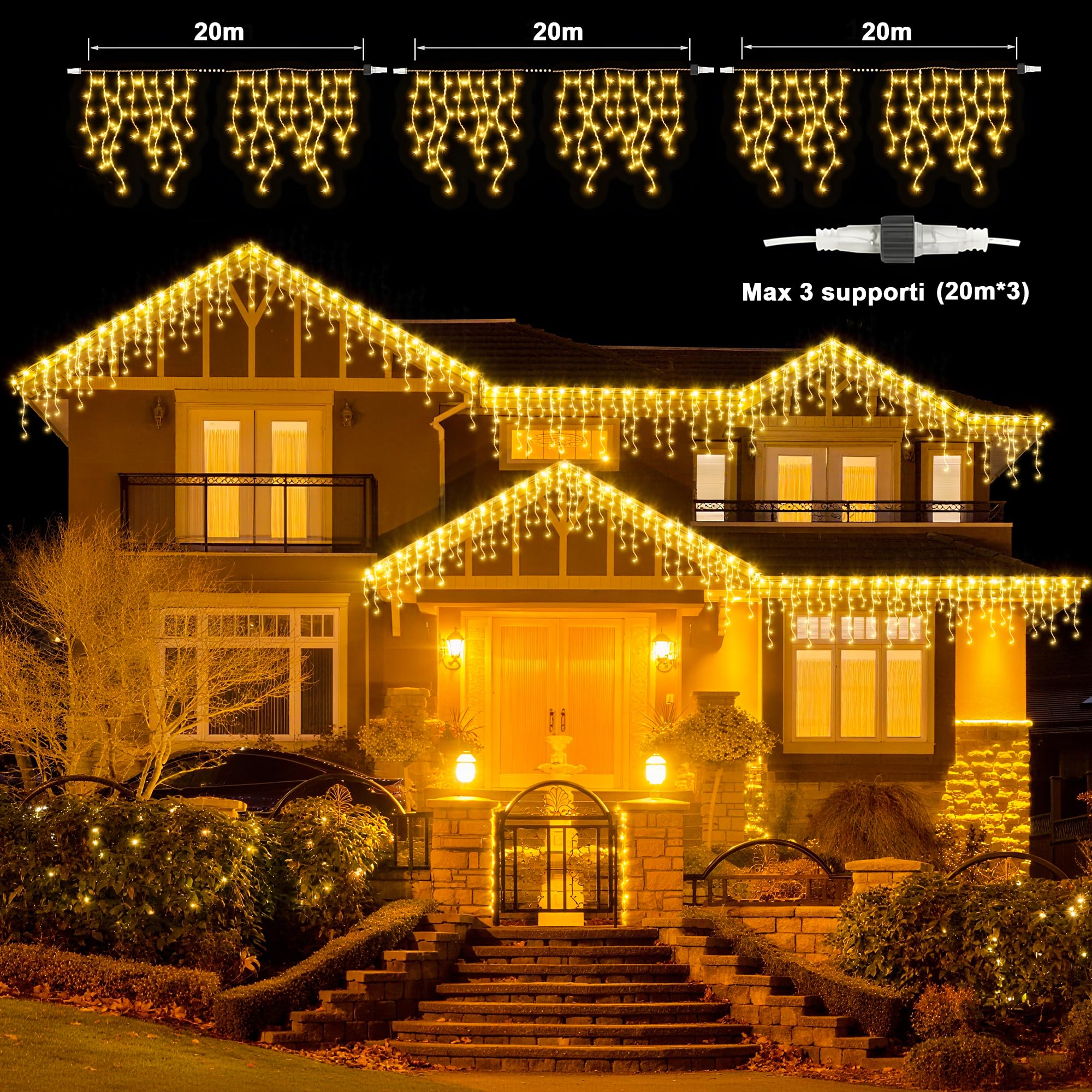 BLOFUN Lichterkette Außen 20M 720 LEDs, Eisregen Weihnachtsbeleuchtung IP65 Wasserdicht mit Timer & 8 Modi, Warmweiß für Weihnachtsbaum & Deko-Warmweiß