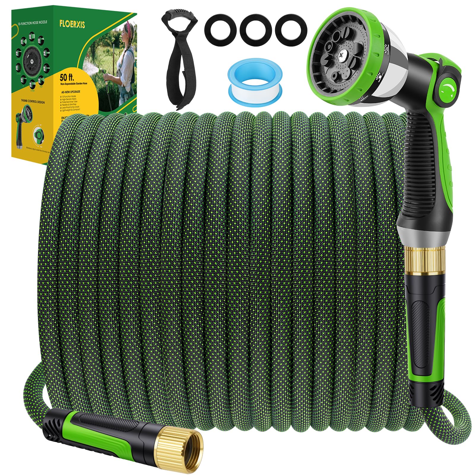 FLOERXIS Non-Expandable Garden Hose 50 FT, Lightweight Hose with 10 Function Spray Nozzle, Kink-Free Flexible Water Hose, Durable, Leak-Proof, 360° Swivel Connectors, Portable Storage Strap — view 9