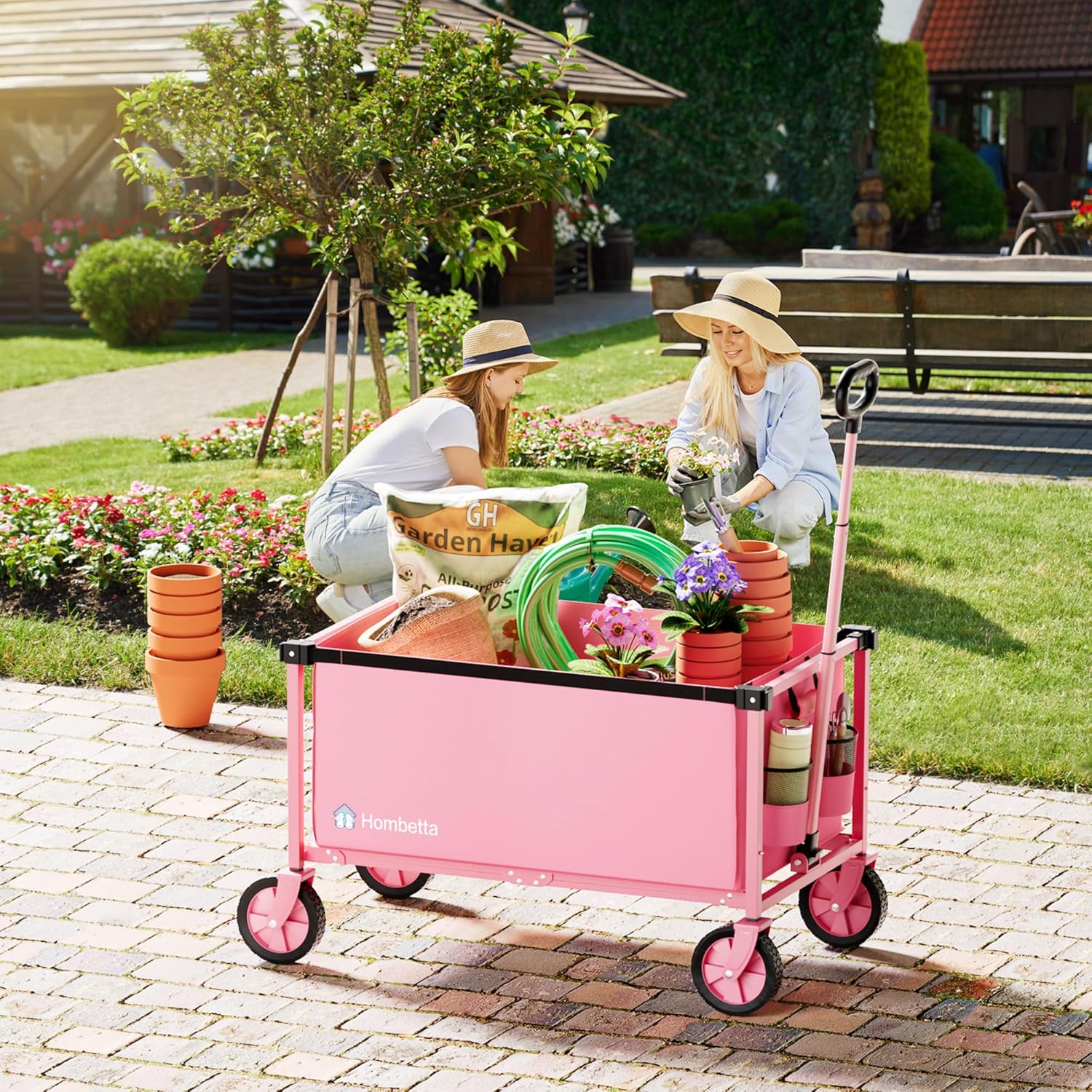 Collapsible Wagon Cart with Wheels, 150L Lightweight Foldable Utility Cart, Portable Rolling Wagon for Garden, Shopping, Sports, Camping, Transport, Pink