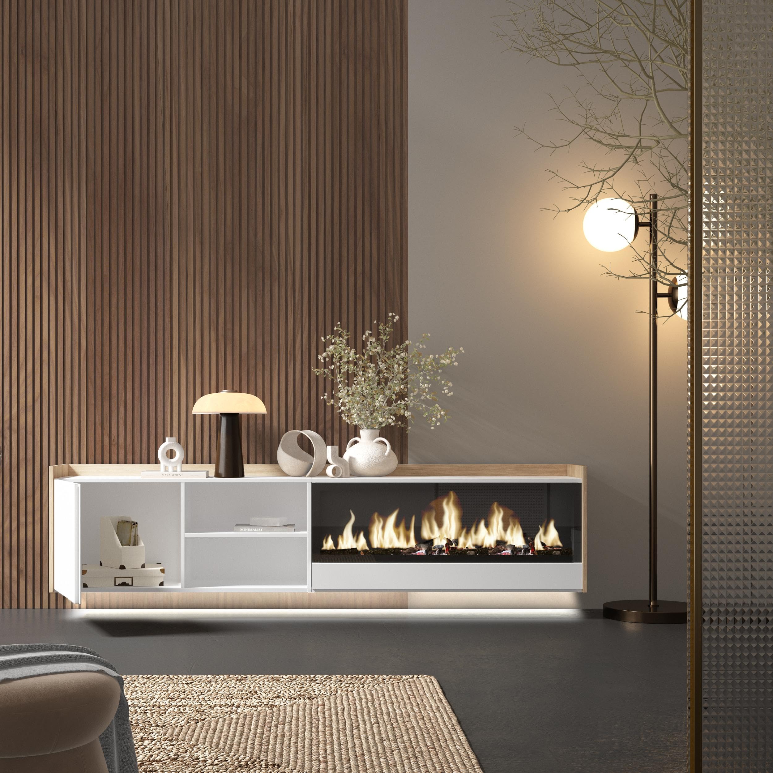 Skraut Home | Mobile TV Soggiorno | Ampio spazio a disposizione | 212x50x35 cm | Per TV fino a 80" | Camino elettrico XXL | Sospeso, da appendere | LED | Stile moderno | Bianco e Rovere soft