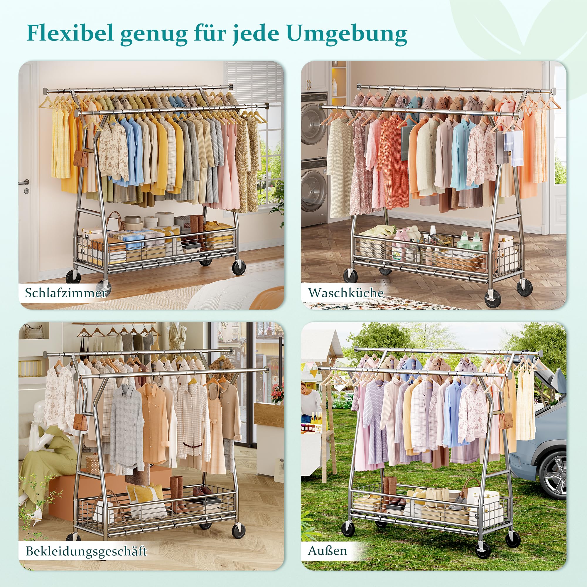 Kleiderständer auf Rollen mit Doppelstange & Netzkorb, 200 kg Schwerlast-Tragkraft, reichlich Stauraum für Kleidung & Accessoires