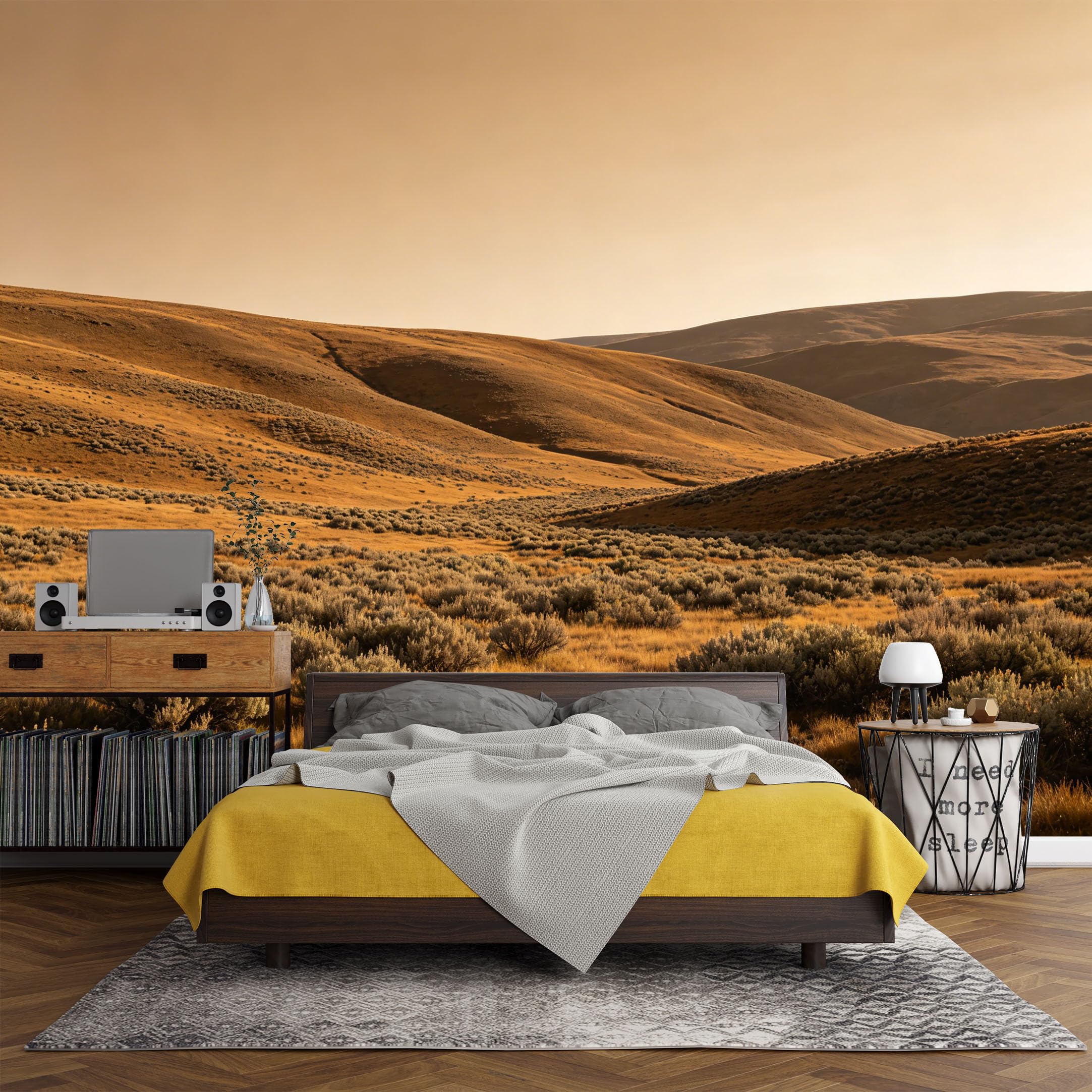 Custom Size Wall Mural， Western Desert Hills Golden Prairie Landscape Nature Scenery，SelfAdhesive Art Prints wall Fabric (No PVC) Removable Wallpaper Living Room Decor