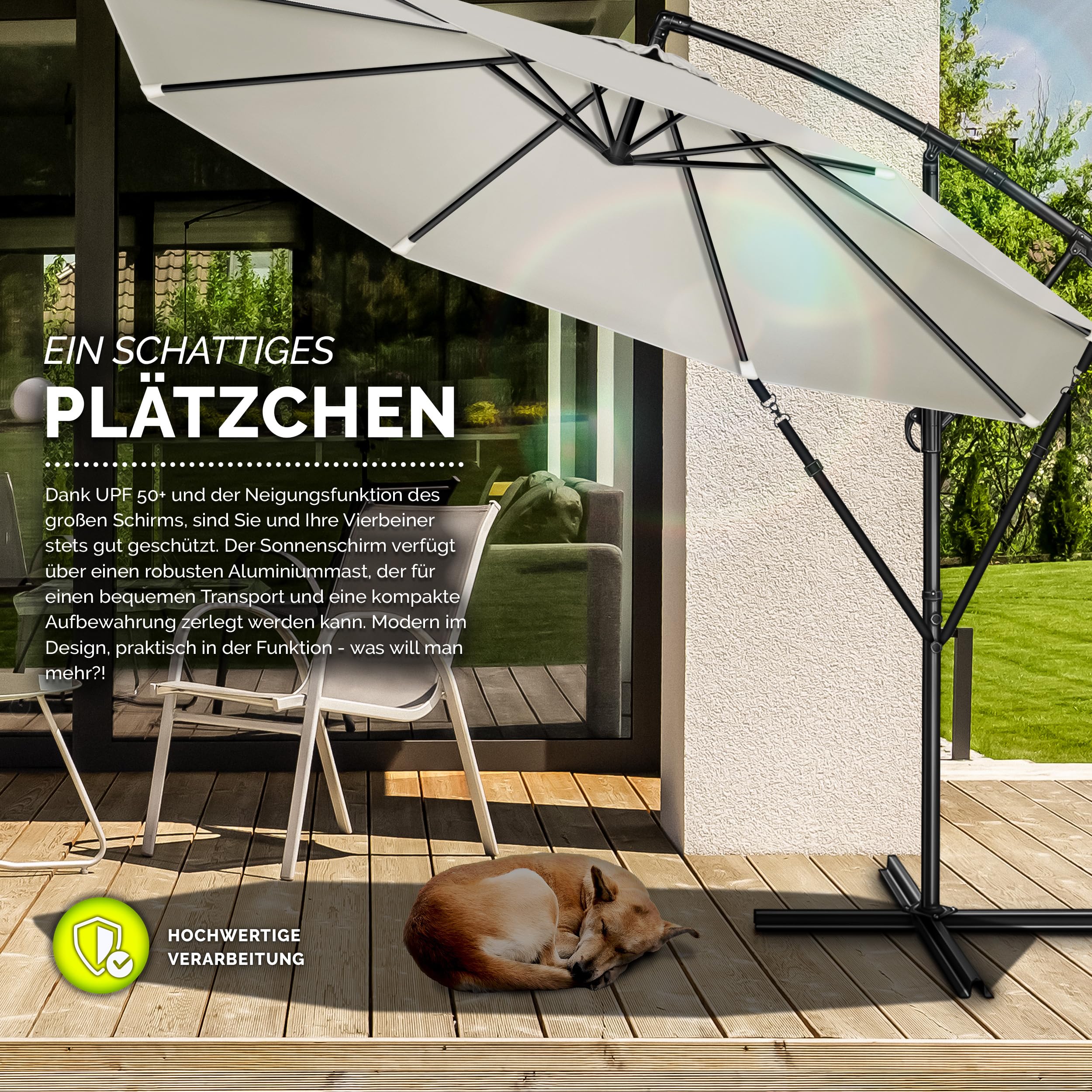 tillvex Alu Sonnenschirm + Abdeckung Ø 300 cm mit Kurbel | Ampelschirm mit Ständer & Windschutz | Gartenschirm UV-Schutz Aluminium | Kurbelschirm wasserdicht 360° drehbar
