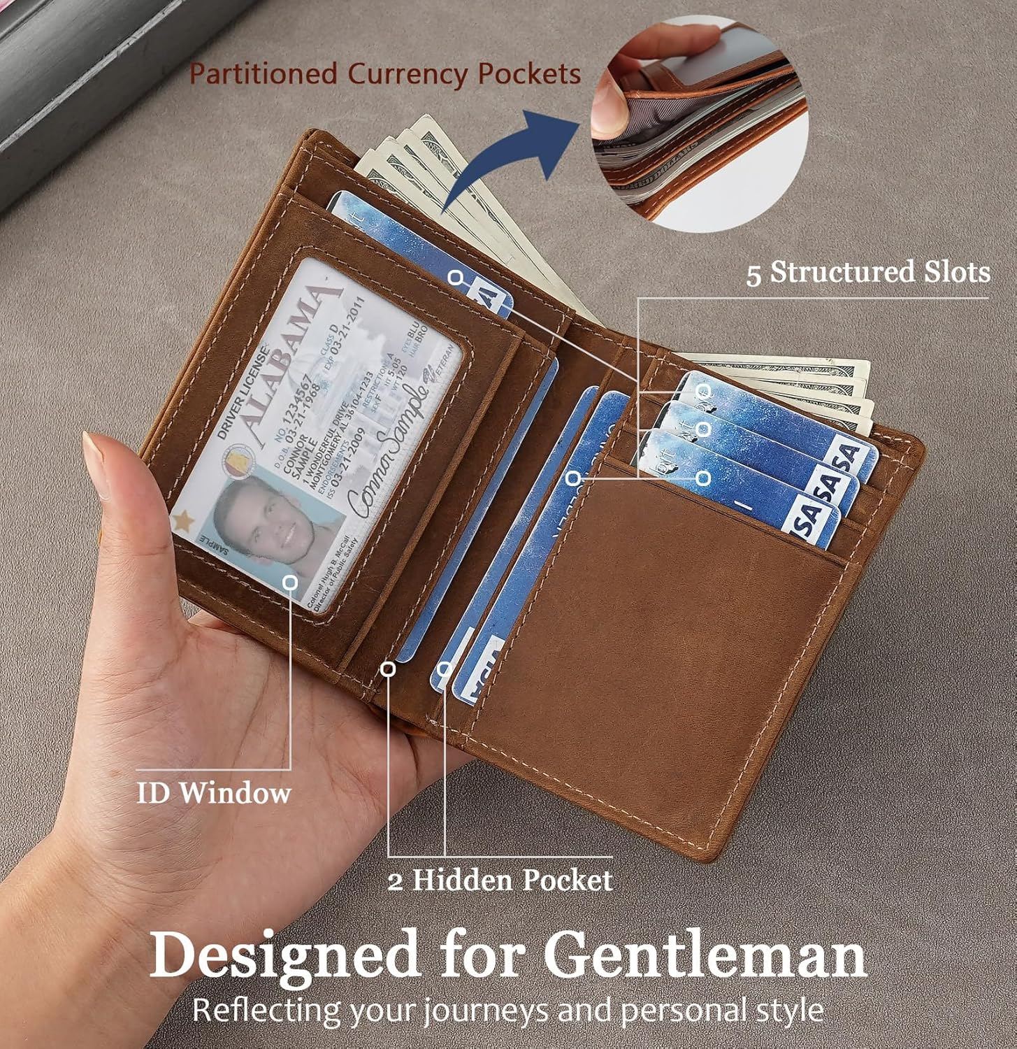 Bifold Vertical Wallet for Men - Slim Leather RFID Blocking Front Pocket Design with ID Window & 2 Cash Pockets | 4.5"x3.7"x0.7" Thin 7 Card Slots Wallets Organizer | Gift Box (Brown) - Image 4
