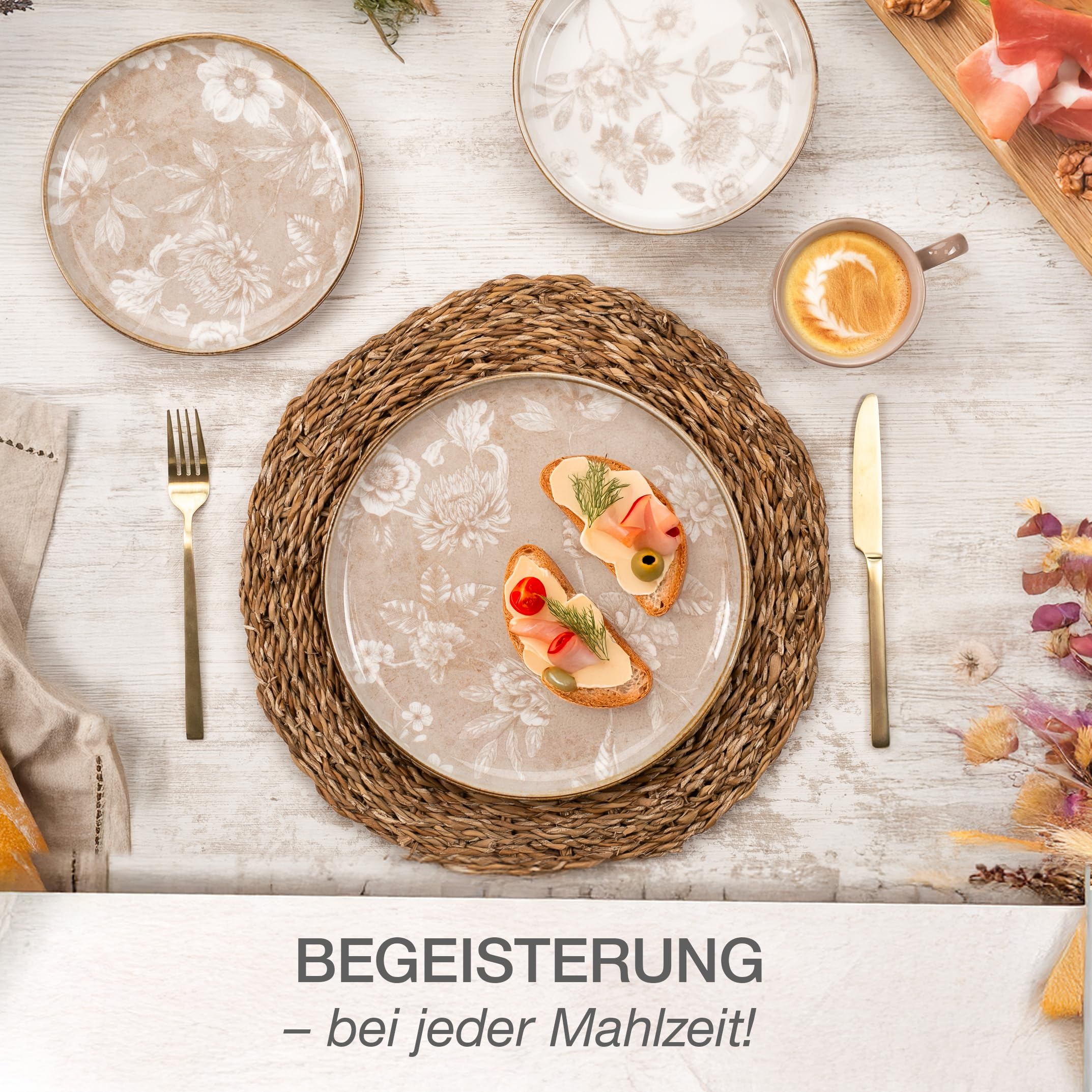 Moritz & Moritz MARIELLA Steingut Geschirrset 6 Personen 24-tlg. - Modernes Tafelservice in Beige mit verspieltem Design, Pflegeleichtes Kaffeeservice mit Teller Set, Schüsseln & Tassen - Kombiservice