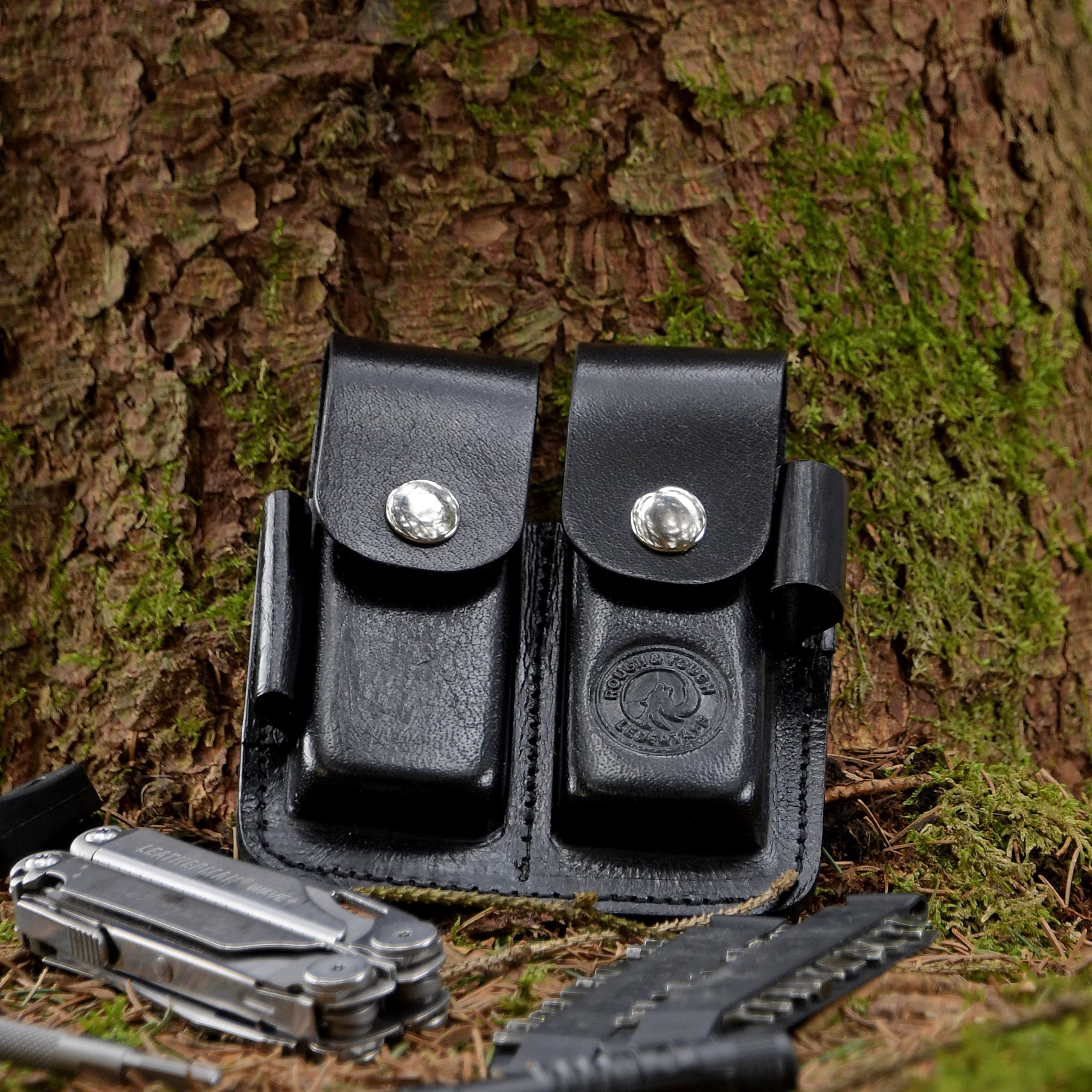 Lederholster für Leatherman und andere Multitools zum Tragen am Gürtel, Platz für Bit Kit und Extender, braun/schwarz, klein für Wave, groß für Mut