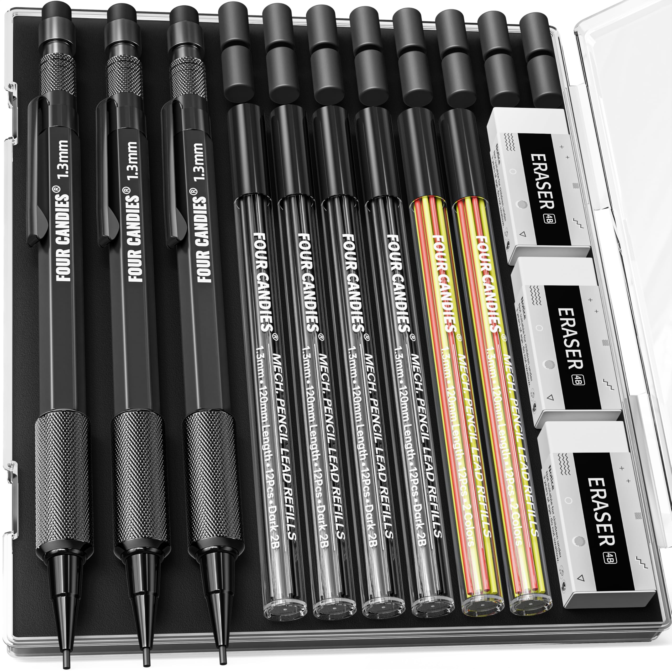Four Candies 1.3mm Mechanical Pencil Set with 72 Lead Refill, 3PCS Metal Weatherproof Body Heavy Duty Carpenter Pencil, 3 Eraser, 16 Eraser Refill, for Outdoor Woodworking Drafting Marking with Case