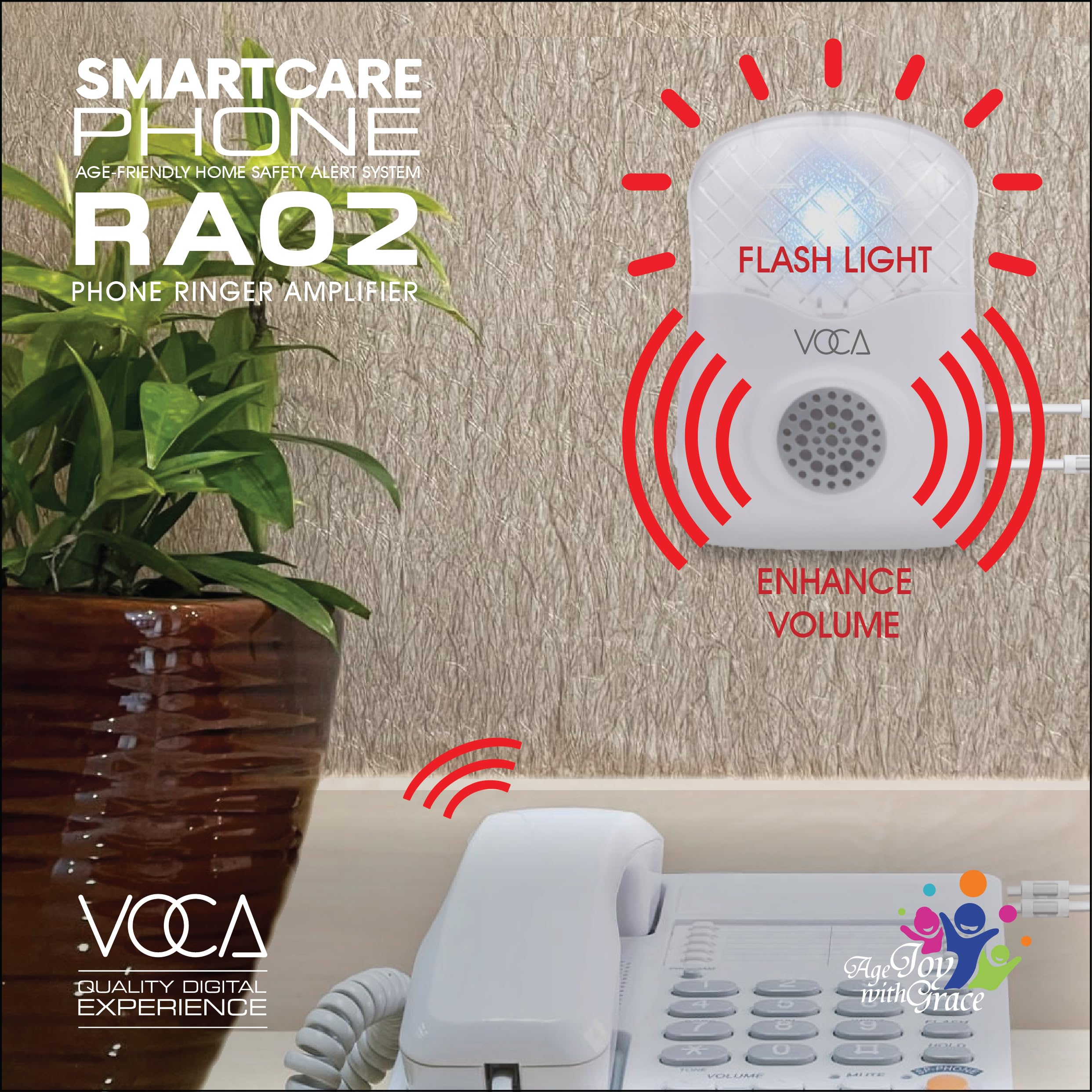 Amplificateur de Sonnerie téléphonique VOCA RA02 avec Voyant Lumineux, jusqu'à 120 DB, pour téléphones Fixes, Montage Mural, idéal pour Les environnements bruyants et Les Personnes malentendantes