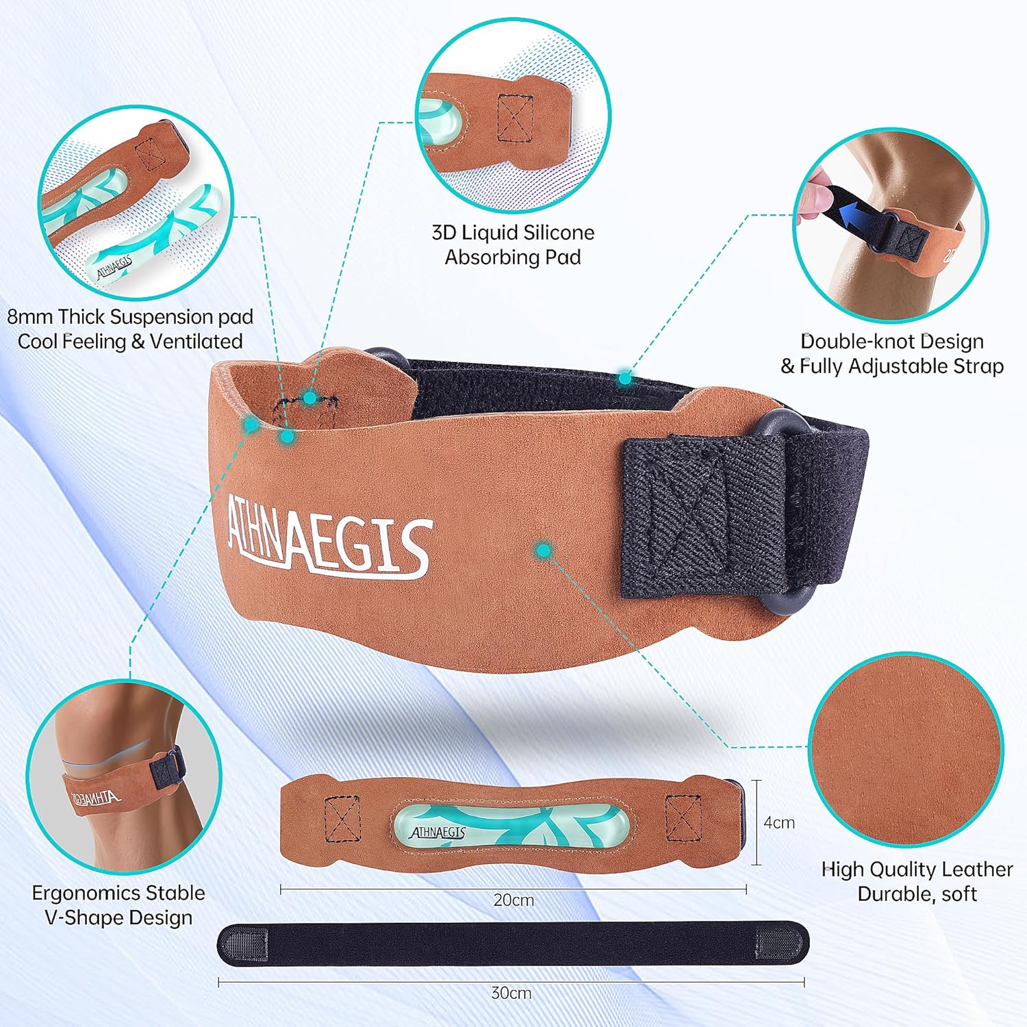 Leather Knee Pain Relief & Patella Stabilizer Knee Strap Brace Support Liquid Silicone Pad for Hiking, Soccer, Basketball, Running, Jumpers Knee, Tennis, Tendonitis, Men Women 2 Packs Brown