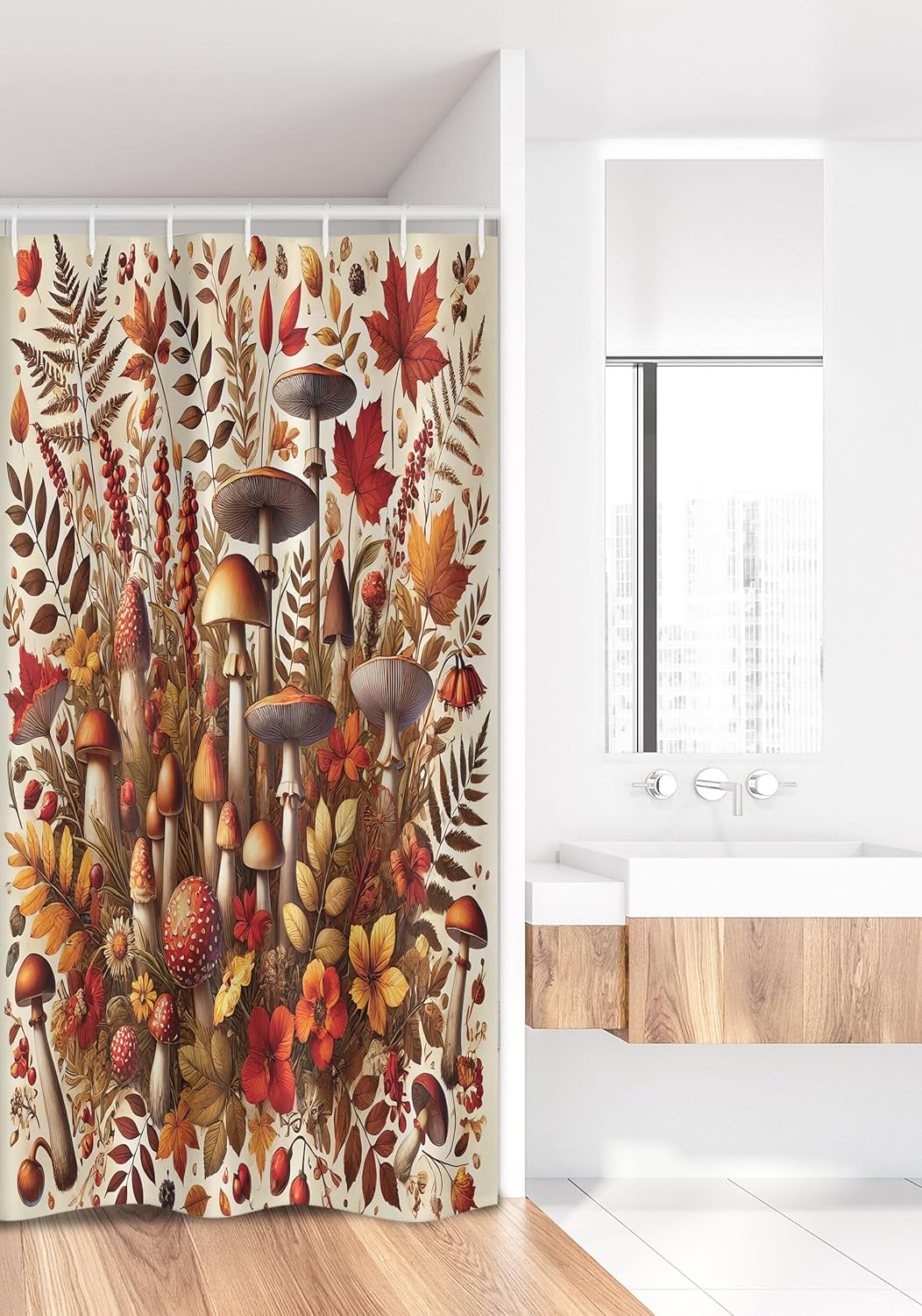 Ambesonne Fall Stall Shower Curtain, Woodland Botanical Bloom with Branches Leaves and Mushrooms Autumn Season, Fabric Bathroom Decor Set with Hooks, 36" W x 72" L, Cinnamon Fawn Orange