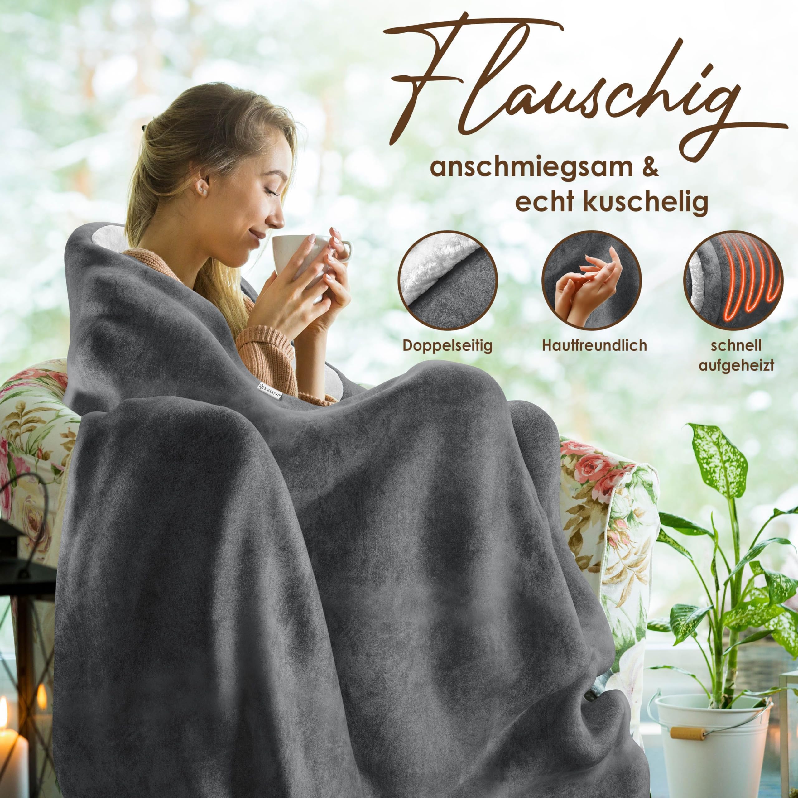 KESSER® Heizdecke mit Abschaltautomatik 200x180cm Doppelseitig Elektrische Wärmedecke | Kuscheldecke Bett, Sofa | 9 Temperaturstufen | waschbar bis 40°C | mit Timer Digitalanzeige Anthrazit