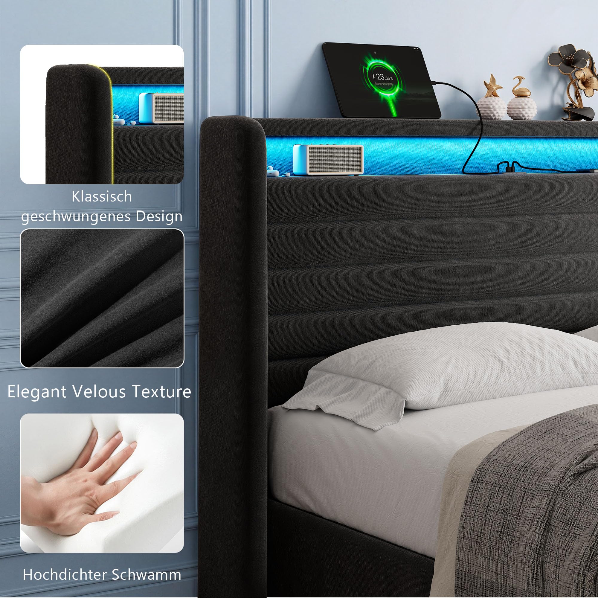 iPormis Bett 180x200 mit Stauraum, Polsterbett 180x200 cm mit LED-Beleuchtung & Ladestation, Bettgestell mit Hydraulischem und Leinen Kopfteil Stauraum, Lattenrost, Ohne Matratze, Velous Dunkelgrau