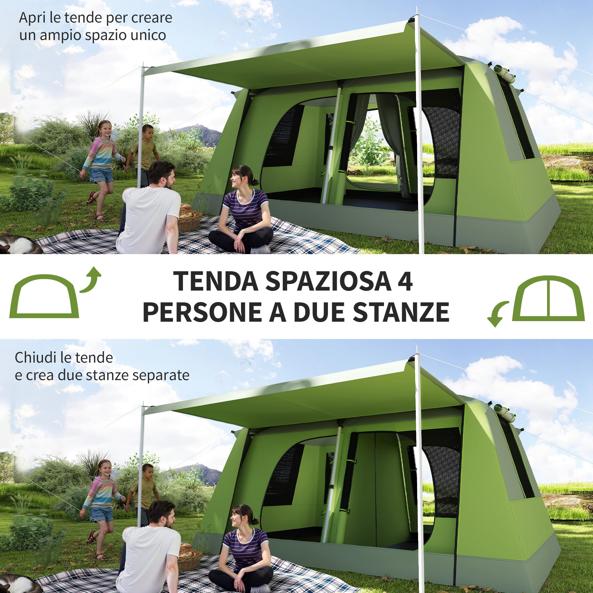 Outsunny Tenda da Campeggio a Tunnel 4 Persone 2 Stanze Impermeabile 3000mm 405x305x225cm Verde