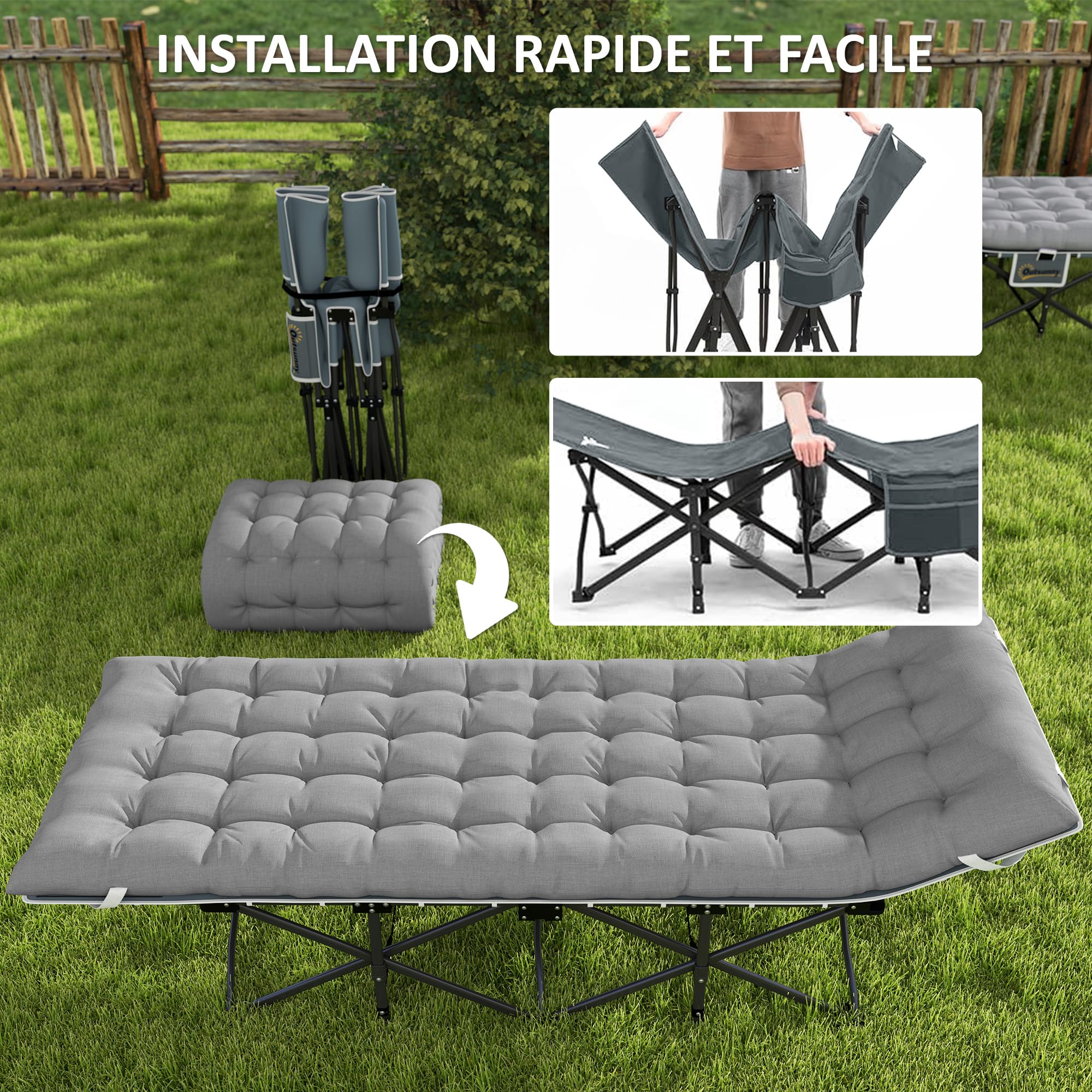 Outsunny Lit de Camping Pliable avec Matelas, Lit de Camp Pliant, Pochette latérale et Sac intégré, transat Chaise Longue en métal et Tissu Oxford, 185 x 68 x 37 cm, Charge 150 kg, Gris Clair
