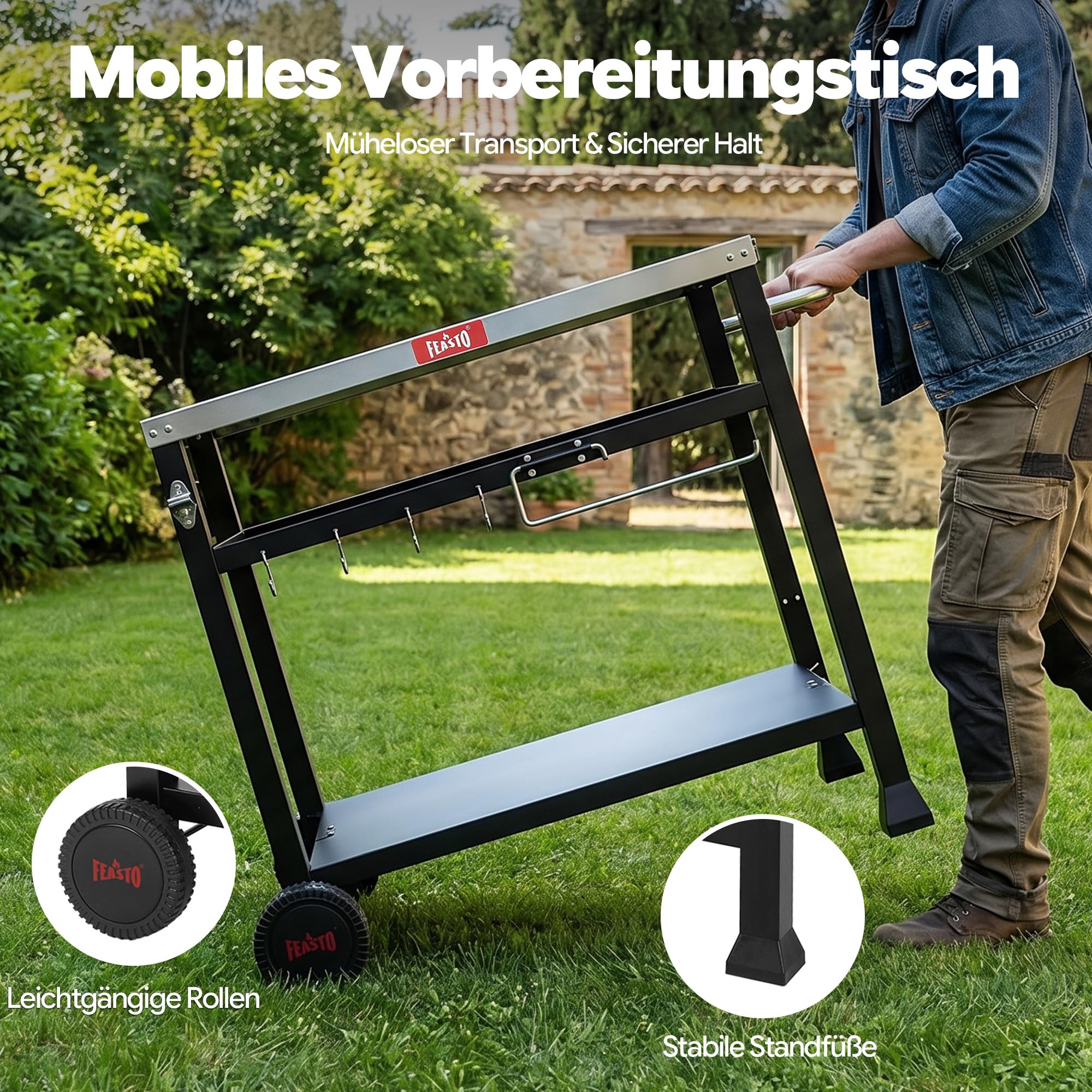 Feasto Grillwagen Outdoor 3 Etagen, Multifunktionaler Grilltisch mit Edelstahlplatt, Griff, Rollen, Ideal für Küche, Terrasse, Balkon und Buffet, 95x64x84cm, Schwarz