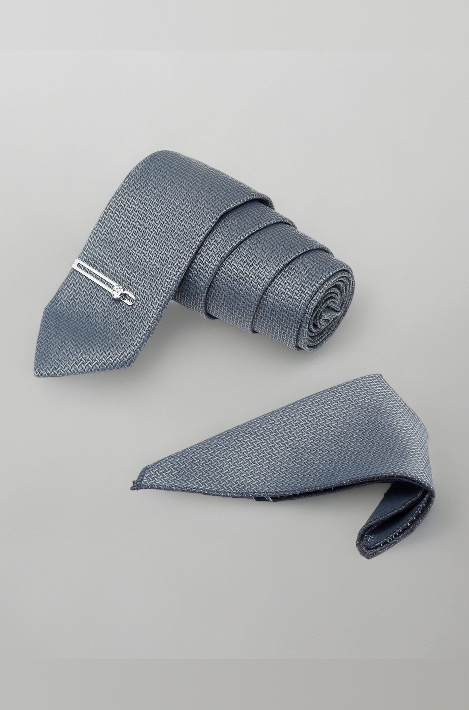 Mens Woven Premium Silk Necktie Suit Accessories Set With Pocket Square And Chrome Tie Pin (TE-CP)