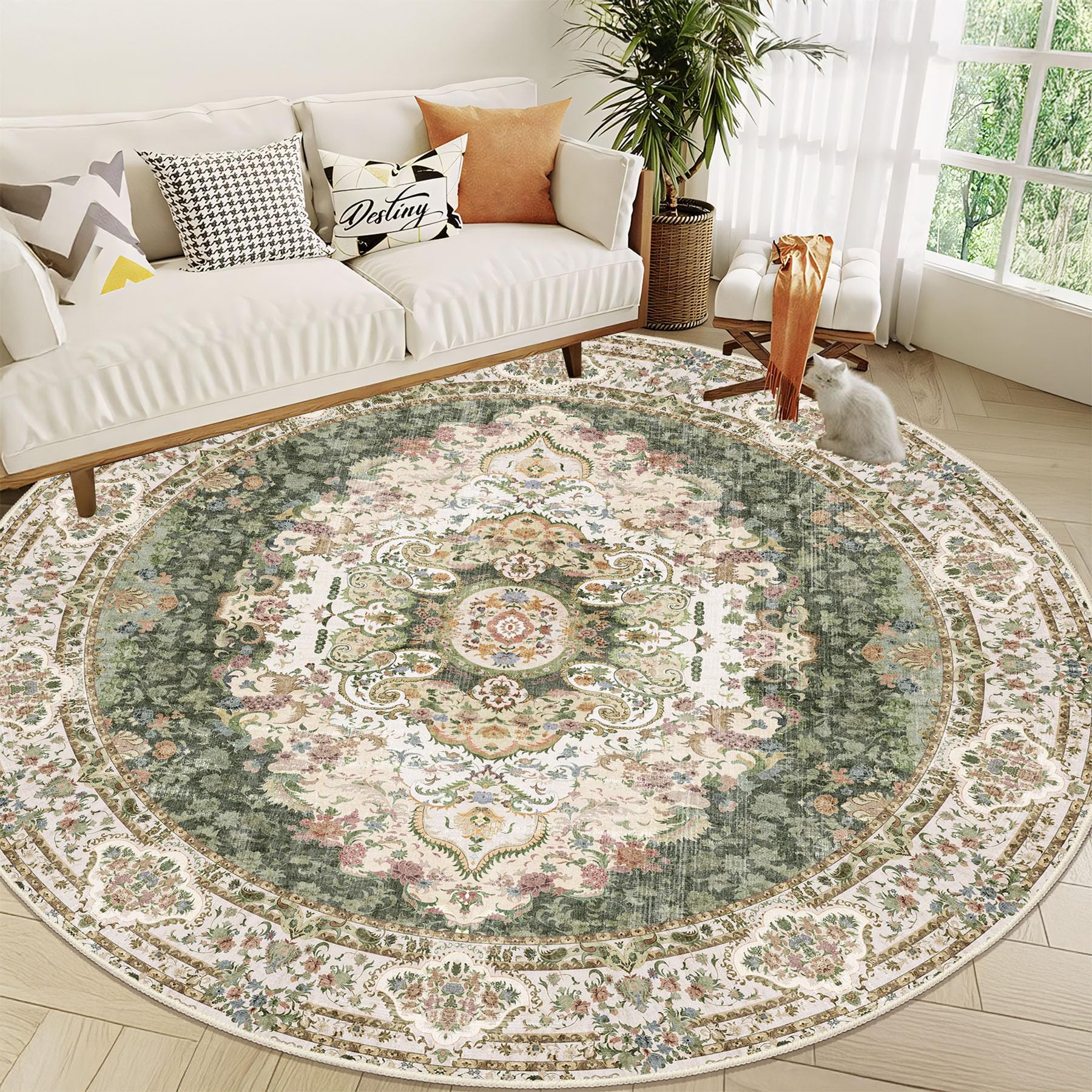 Castage Green Round Rug 9ft,Large Circle Area Rugs for Bedroom Living Room Dining Room,Washable Boho Vintage Bohemian Distressed Oriental Carpet Non
