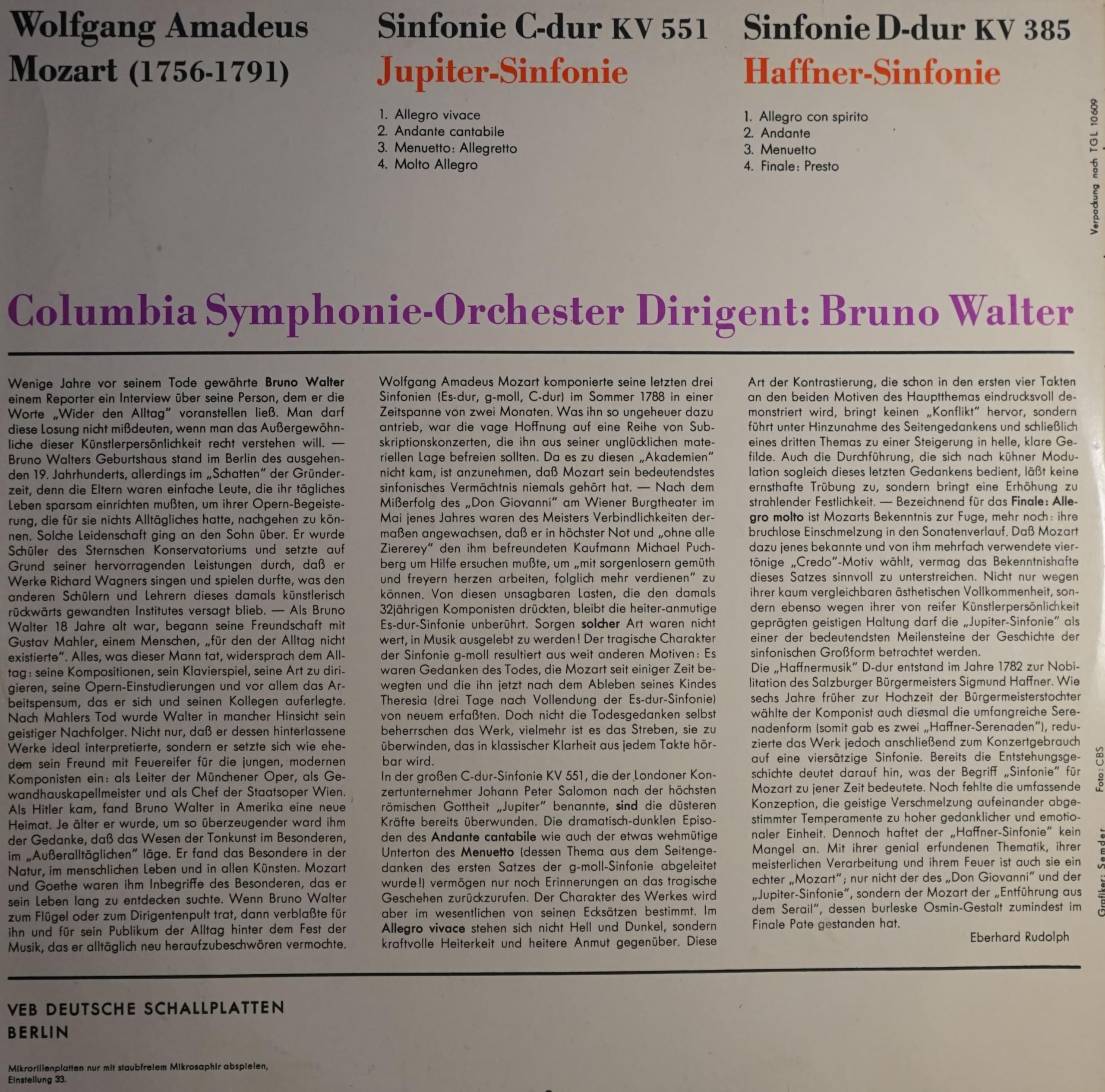 Wolfgang Amadeus Mozart / Columbia Symphony Orchestra Dirigent: Bruno Walter - Sinfonie C-Dur KV 551 (Jupiter-Sinfonie) / Sinfonie D-Dur KV 385 (Haffner-Sinfonie) - ETERNA - 8 20 636