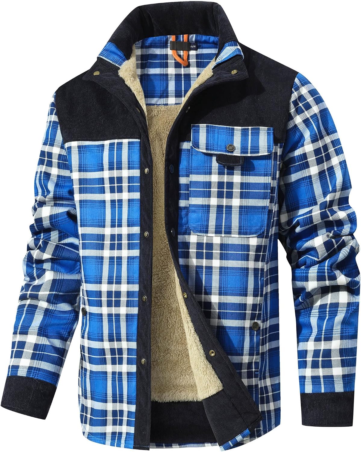Zaitun Men's Sherpa Lined Flannel Corduroy Plaid Shirt Long Sleeve Button Up Jacket Fleece Coat For Men With Pocket