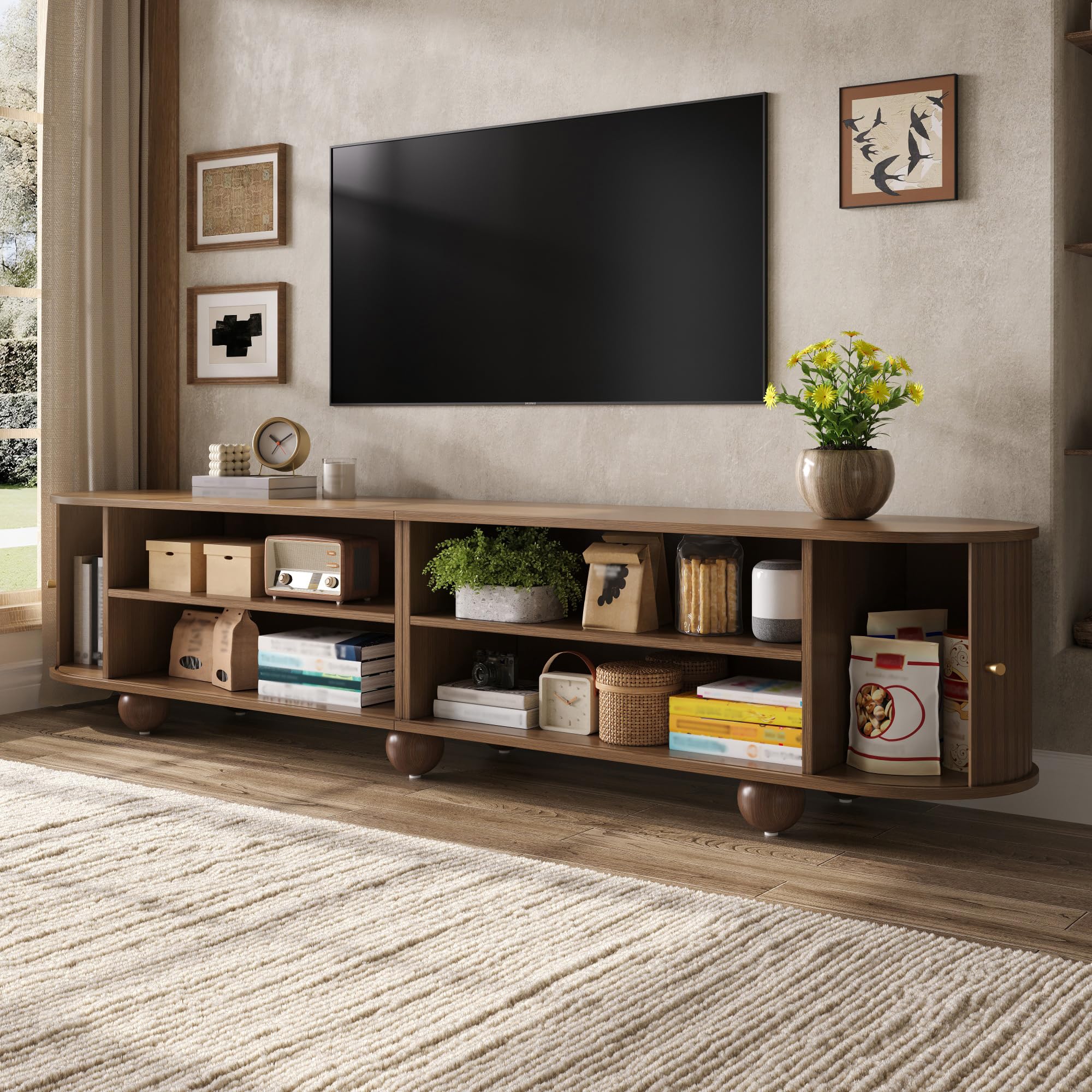 180cm Rundungen TV Schrank mit Schiebetüren, TV Lowboard Wohnzimmer | Retro TV Möbel,Wohnzimmermöbel, vertikal geriffelte Schiebetüren,Kugelfüße