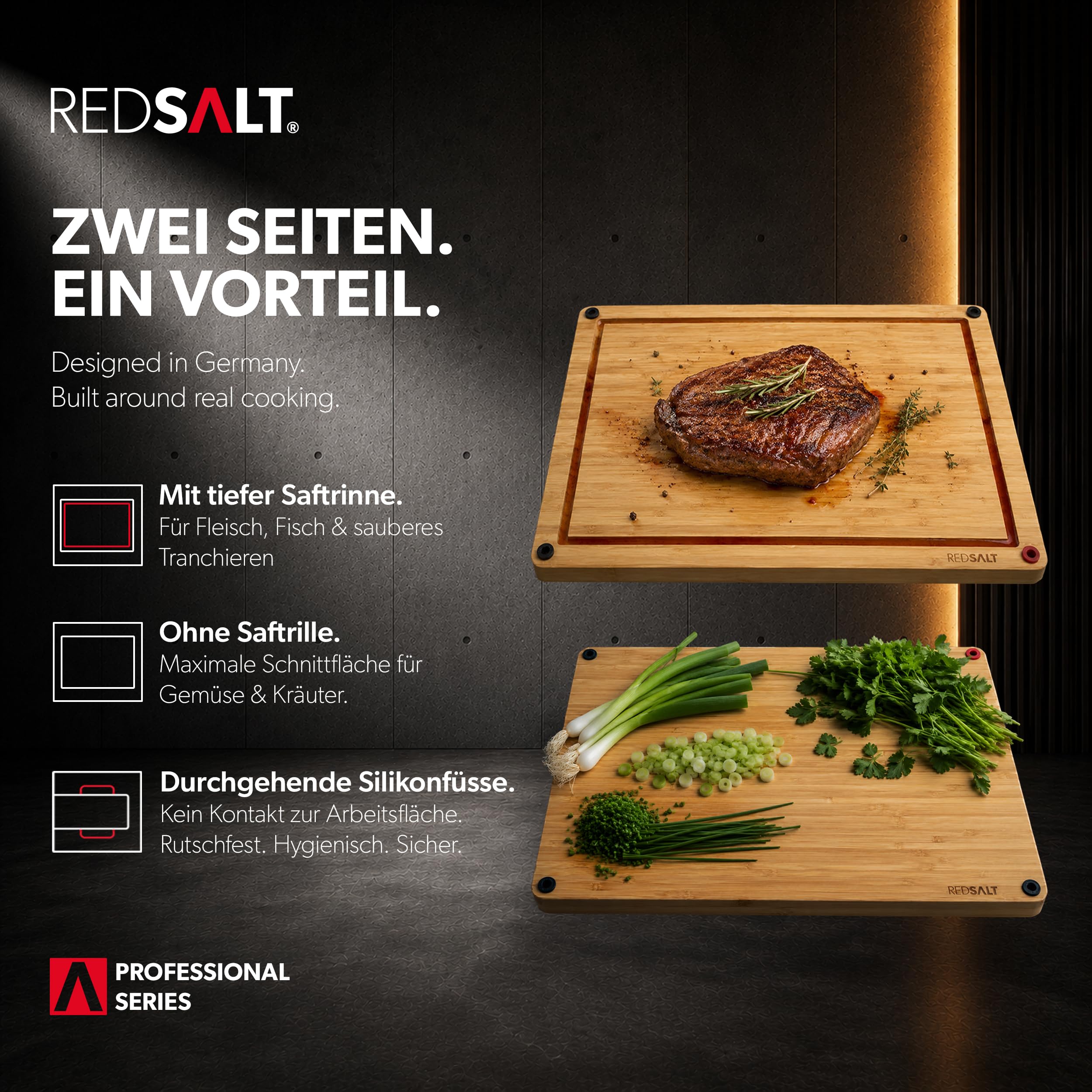 REDSALT Bambus Schneidebrett 3er Set rutschfest Premium Holz Küchenbretter | Cutting Board beidseitig, Holzschneidbretter antibakteriell, tiefe Saftrille | Holzbretter Küche Grill Holzschneidbretter