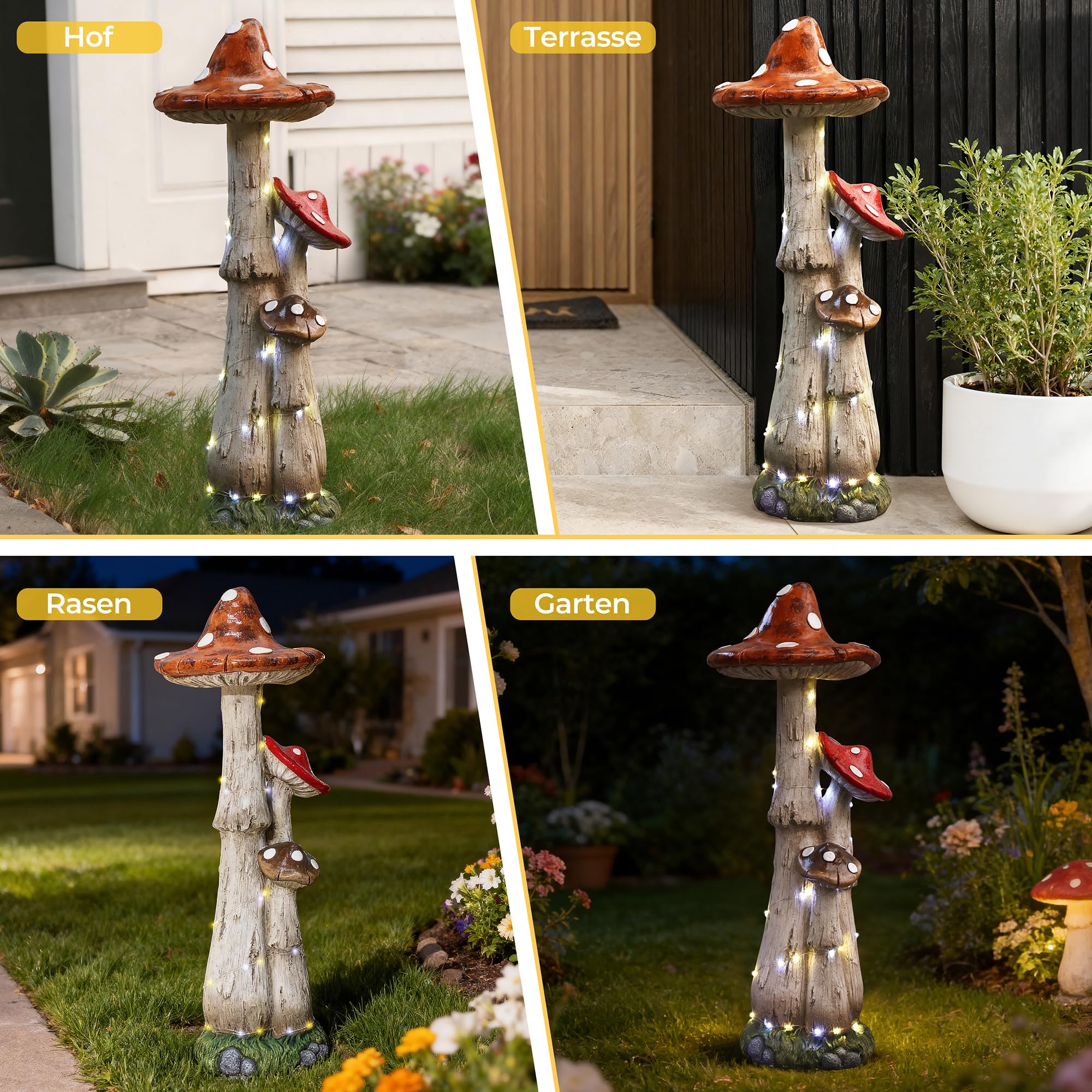 Hometopia 80cm Solar Gartenskulptur Pilz mit LED-Lichterkette – Wetterfeste Gartenfigur aus MGO – Große Pilz-Deko für Garten, Vorgarten & Terrasse Mama Oma