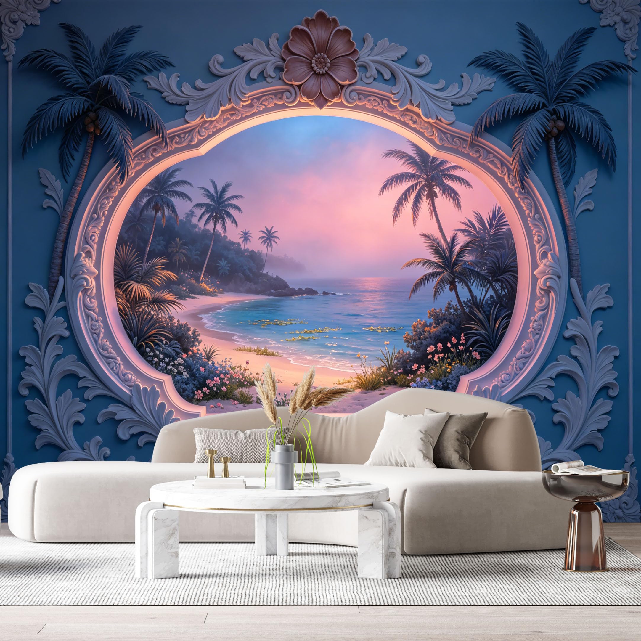 Custom Size Wall Murals Tropical Beach Coastline Twilight Ocean Palm Trees 3D Trompe L'Oeil SelfAdhesiveWall Fabric Removable Wallpaper Wall Decor for Living Room Bedroom Bathroom