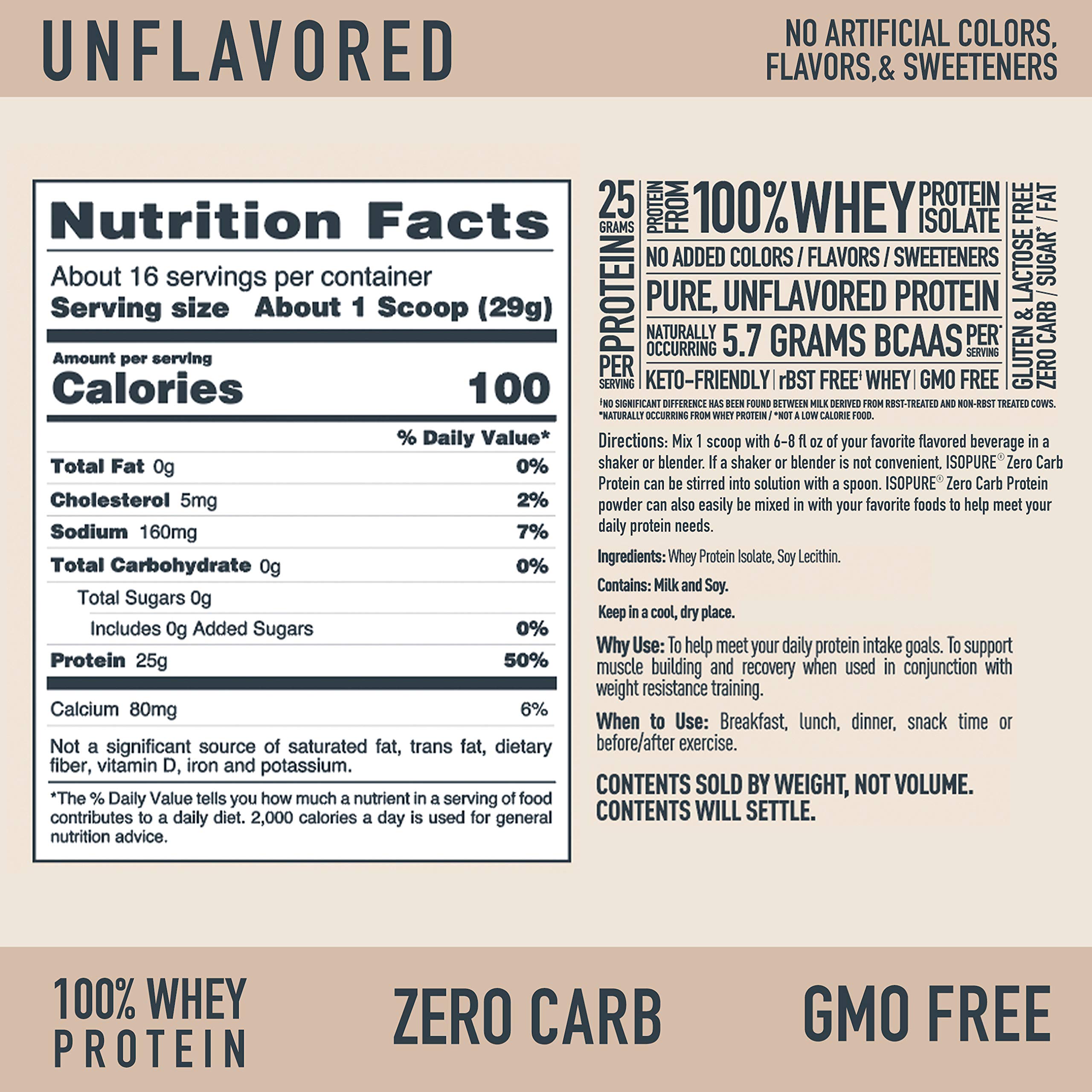 Isopure Zero Carb Unflavored 25g Protein, 100 Whey Protein Isolate, Keto Friendly Protein