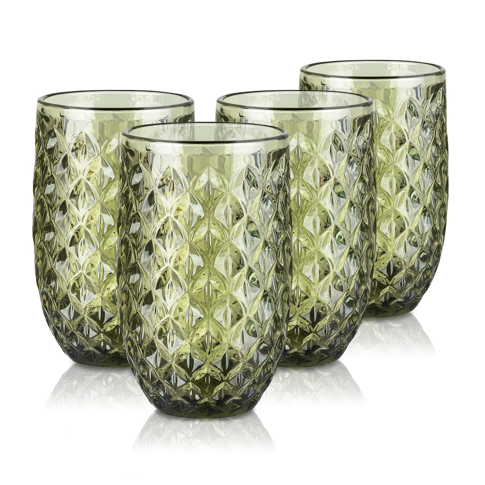 Joeyan Drinking Glasses Set of 4, 370ml/13oz Embossed Highball Glass Water Tumbler with Geometric Texture Pattern, Colored Vintage Tall Glassware Cup for Juice, Beer, Beverages, Cocktail, Green