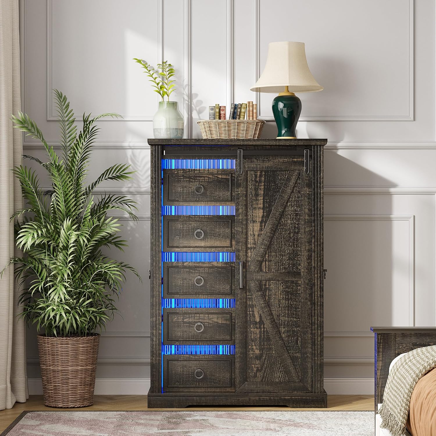 Farmhouse Dresser for Bedroom w/Sliding Barn Door, 5 Drawers Wood Dresser with LED Lights, Chest of Drawers Tall Dressers for Bedroom, Living Room, Hallway, Kids Room, Antique White