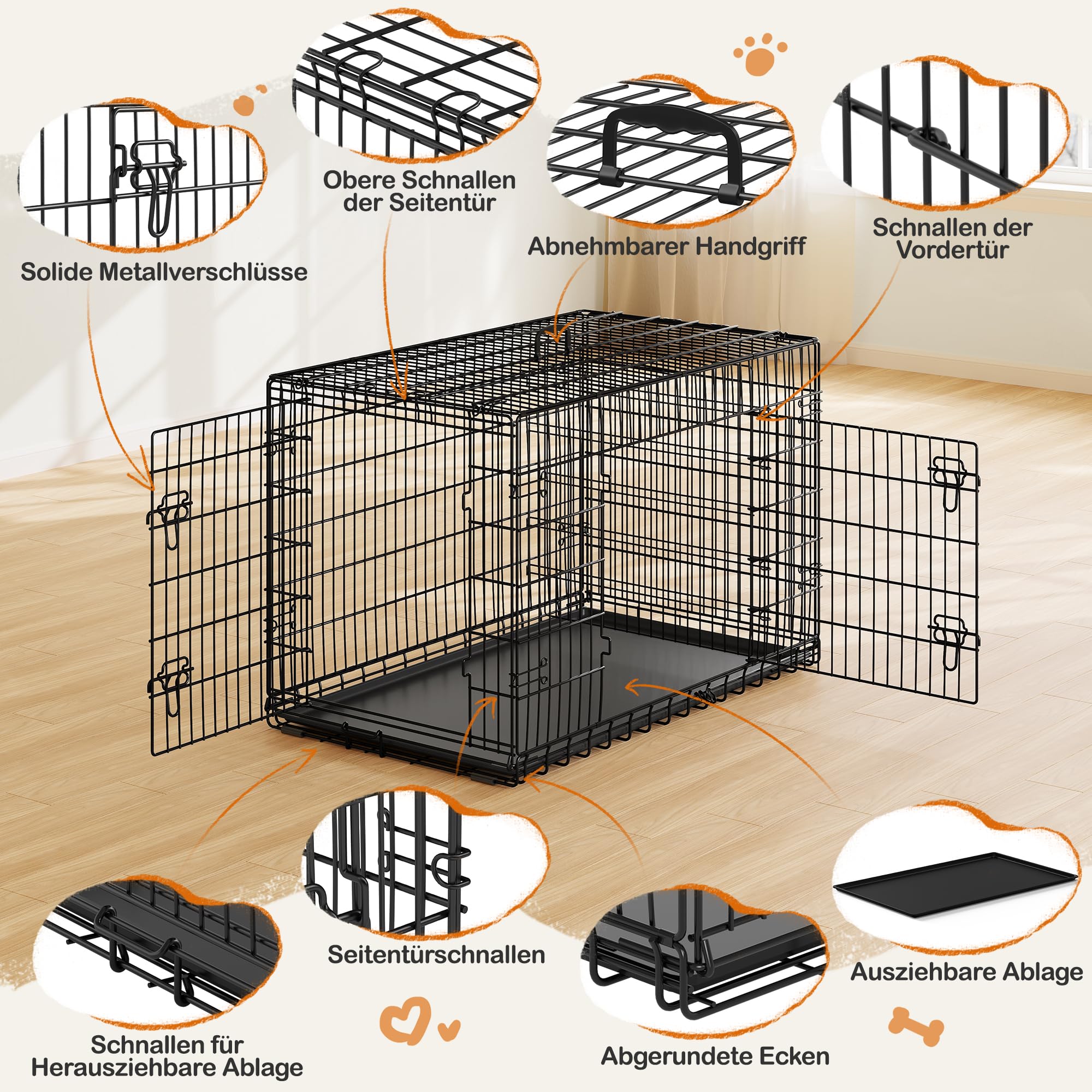 Yaheetech Hundekäfig 122 x 71 x 78 cm klappbar mit Trennwand, 2 Türen, Hundebox für zuhause mit ausziehbare Bodenschale, Transportkäfig Auto, Hundetransportbox Drahtkäfig für Hunde Welpe, XXL, Schwarz