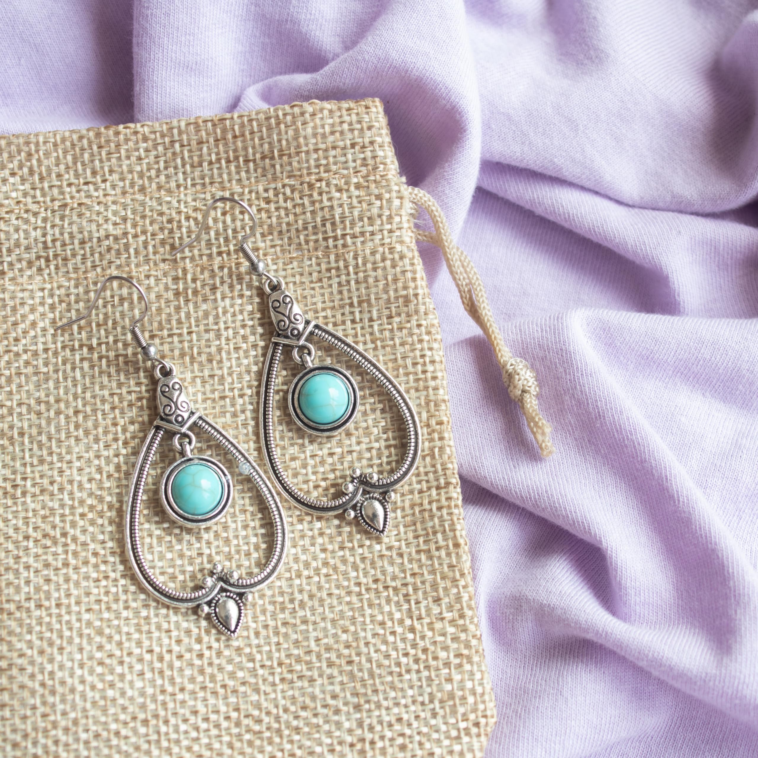 Pendientes Mujer Bohemios con Piedra Turquesa Colgante Estilo Vintage Largos Forma de Gota Plata Tibetana