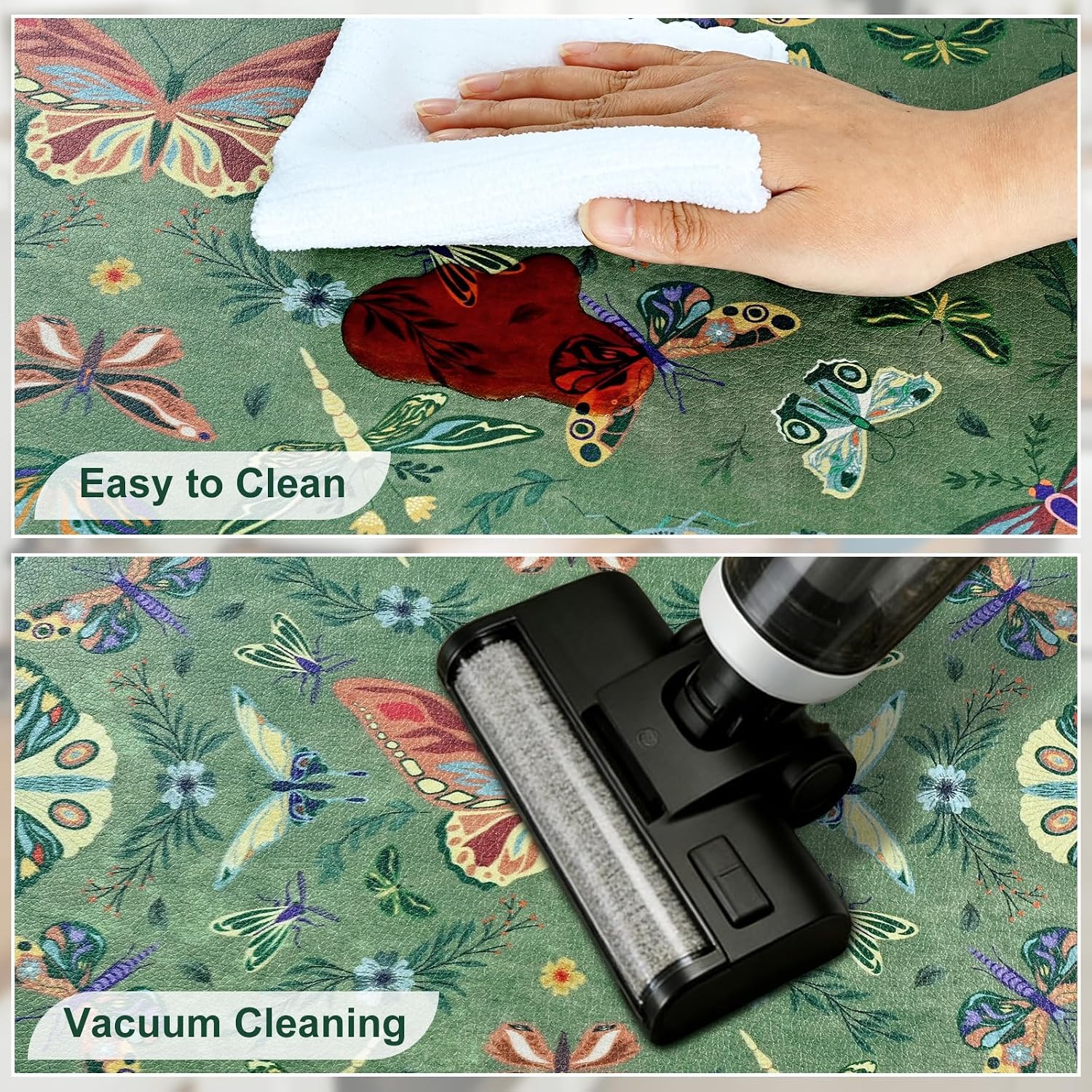 Yinhua Kitchen Rugs Sets of 2, Green Insect Kitchen Rugs Non Slip Washable, Farmhouse Anti Fatigue Mats for Kitchen Floor, PVC Waterproof Rug for Spring Summer, 18"x30"+18"x48"