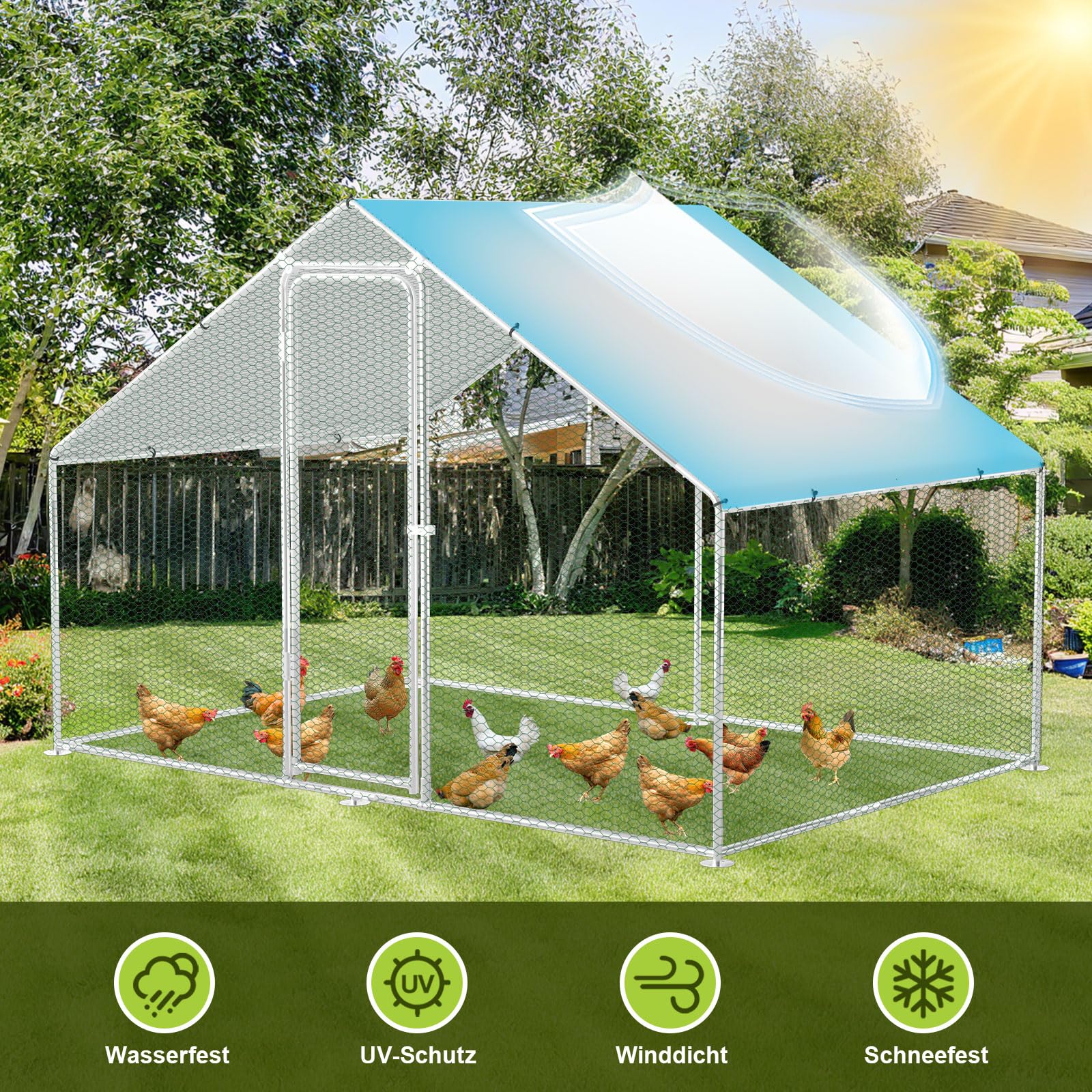 Gallinero XXL con cerradura de seguridad y paño de color PE impermeable, mucho espacio para pollos, conejos y otros animales pequeños, marco de acero estable, 3 x 8 x 2 m,Red