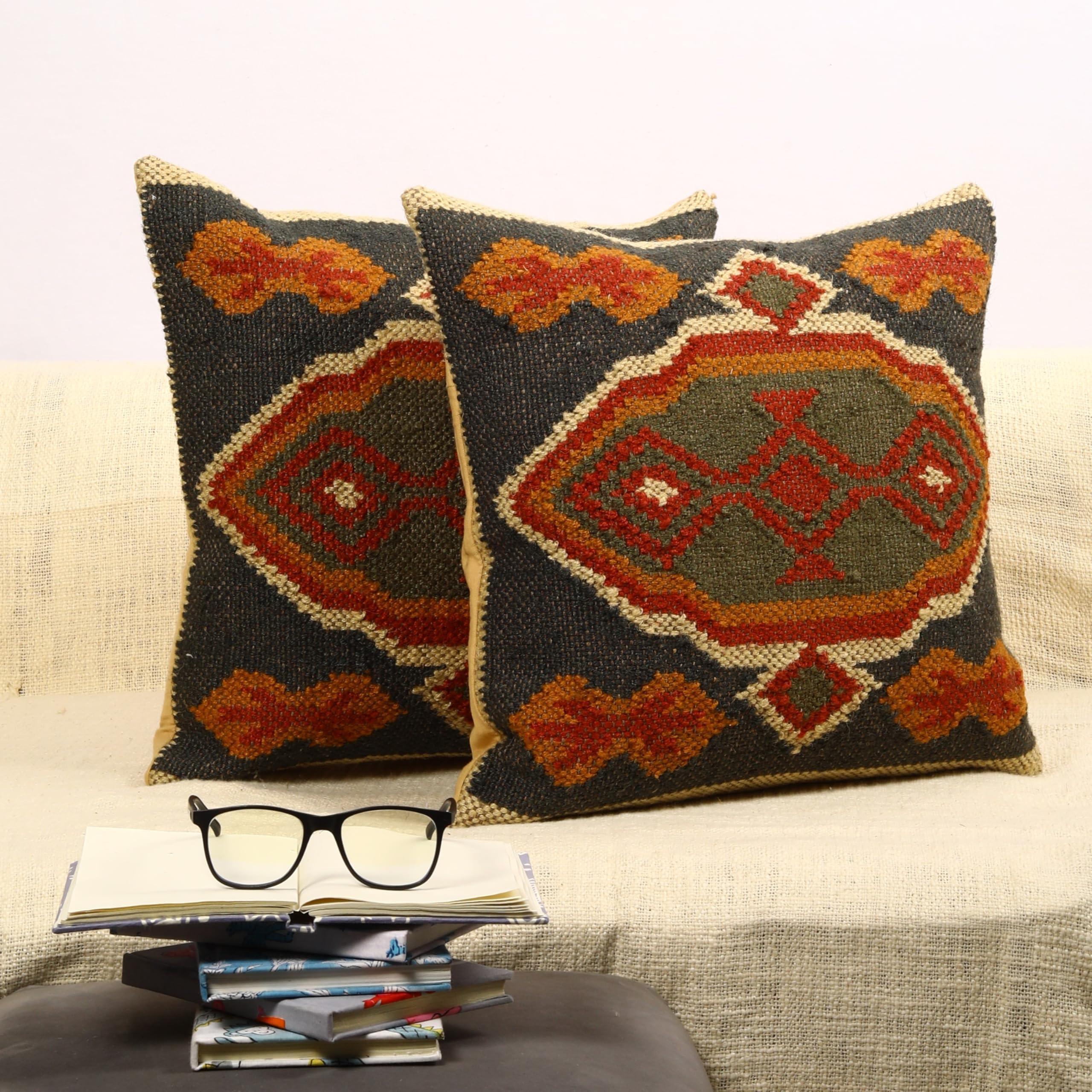 Trade Star Handwoven Pillow Case Set of 2 Kilim Cushion Cover 70% Jute 30% Wool Pillow Shams Throw Pillow Cover Indian Jute Pillow Cover for Decoration 18x18 Inches