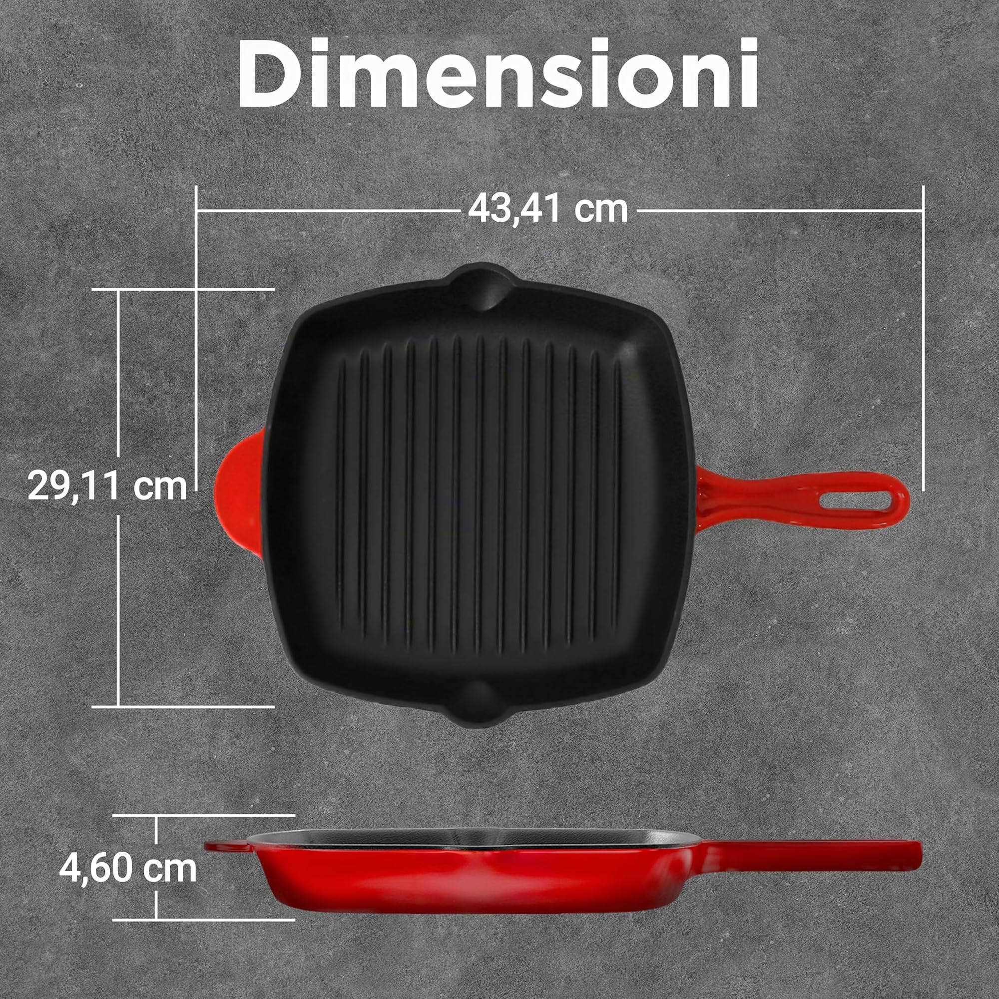 NutriChef Bistecchiera Antiaderente in Ghisa Smaltata da 28 cm, Padella Quadrata con Beccuccio, Compatibile con Tutti i Piani Cottura, Segni di Grigliatura