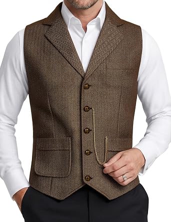 ZEROYAA Mens Lapel Suit Vest Herringbone Waistcoat Dress Vest For Wedding
