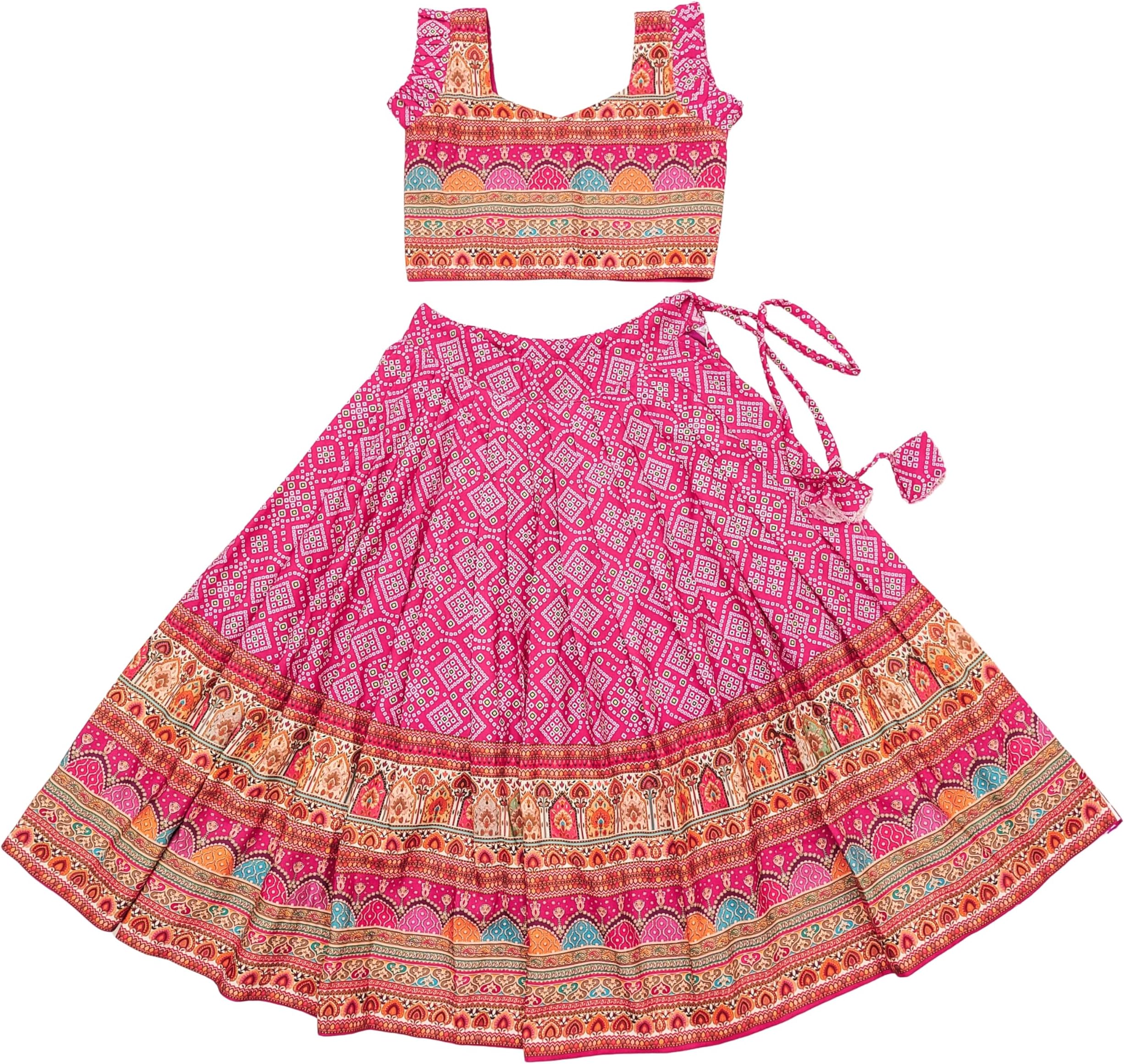E-Sqare Kids Girls Multicolour Bandhani Print Lehenga Choli Set | Ethnic Wear Dress | Readymade Clothing Set | 2 to 8 Years