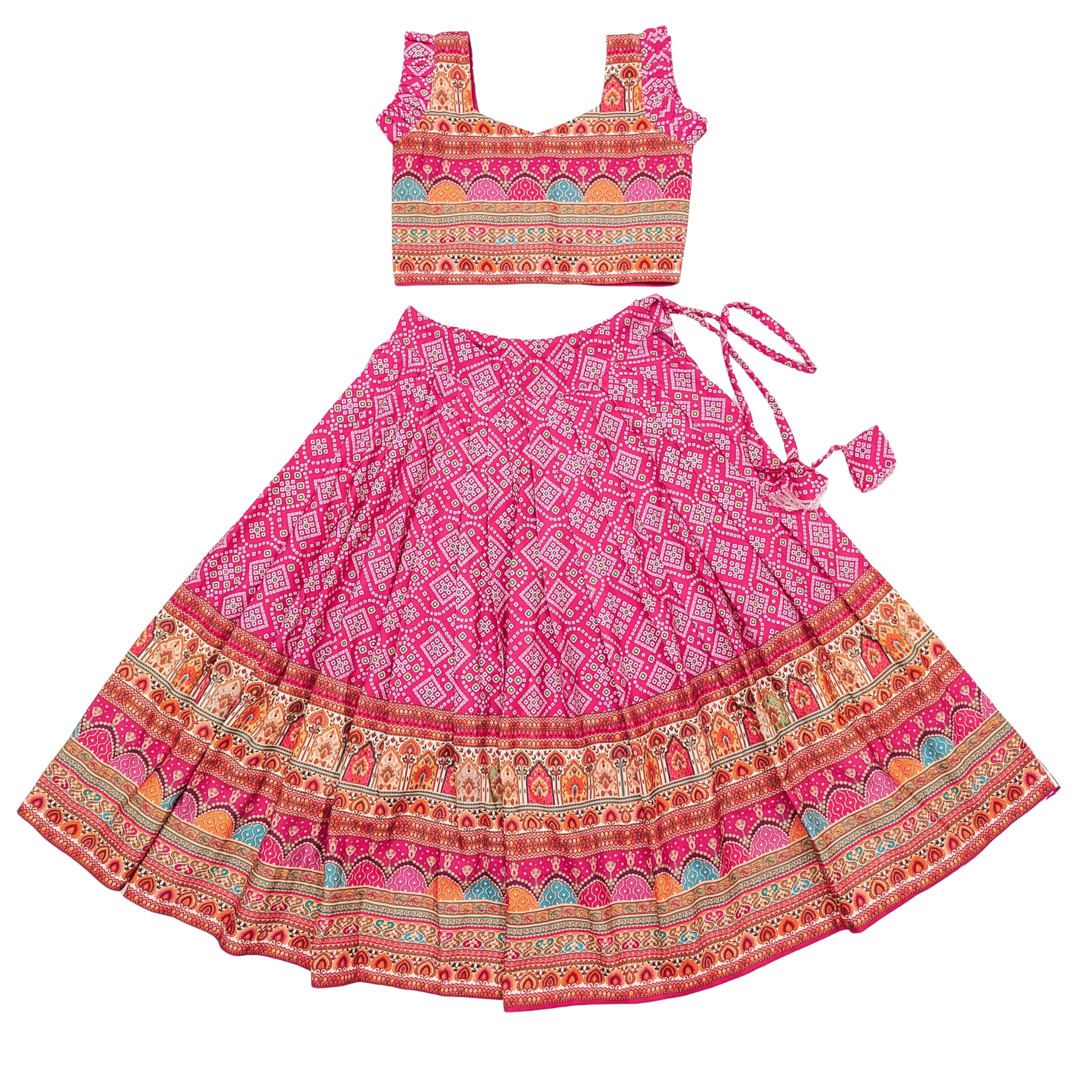 E-Sqare Kids Girls Multicolour Bandhani Print Lehenga Choli Set | Ethnic Wear Dress | Readymade Clothing Set | 2 to 8 Years