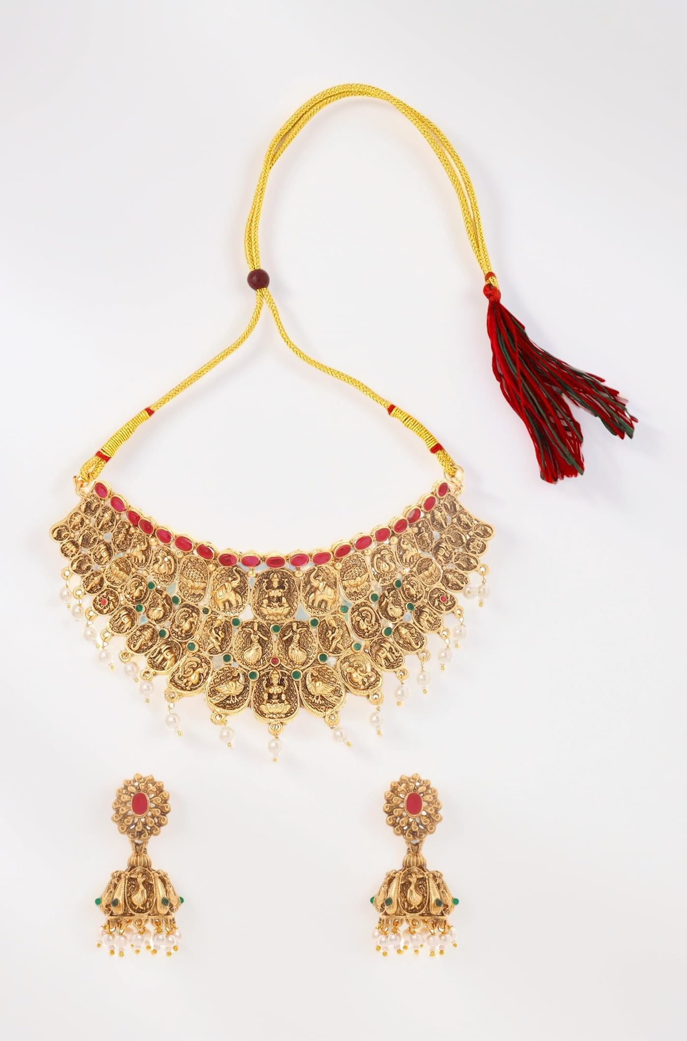 Yellow Chimes Jewellery Set for Women Gold Plated Traditional Temple Jewellery Set Antique Choker Necklace Set with Earrings for Women and Girls