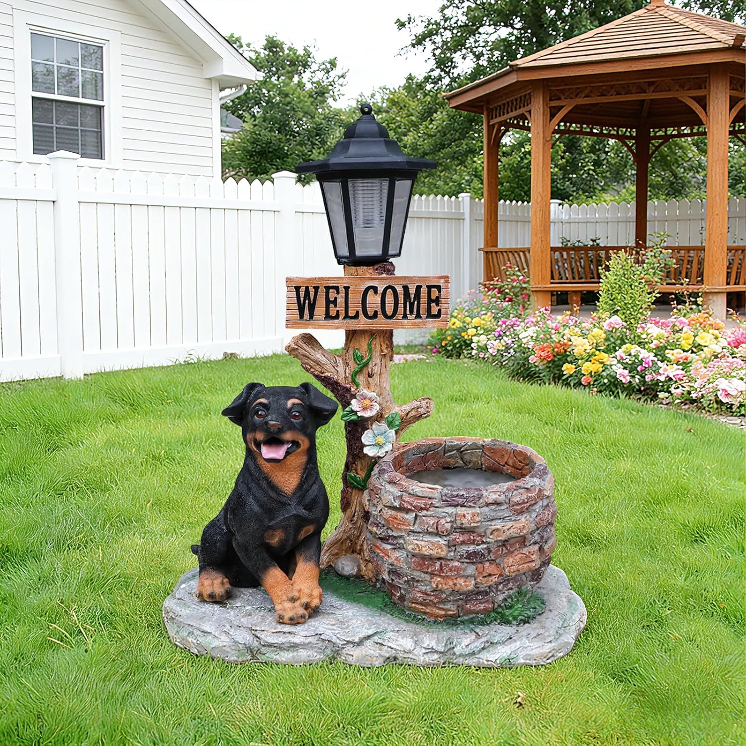Solar Garden Statue with Planter & Solar Lantern, Outdoor Resin Animal Sculpture, Waterproof Yard Lawn Decor Pot for Succulents, Front Porch Ornament Housewarming Gift (Rottweiler)