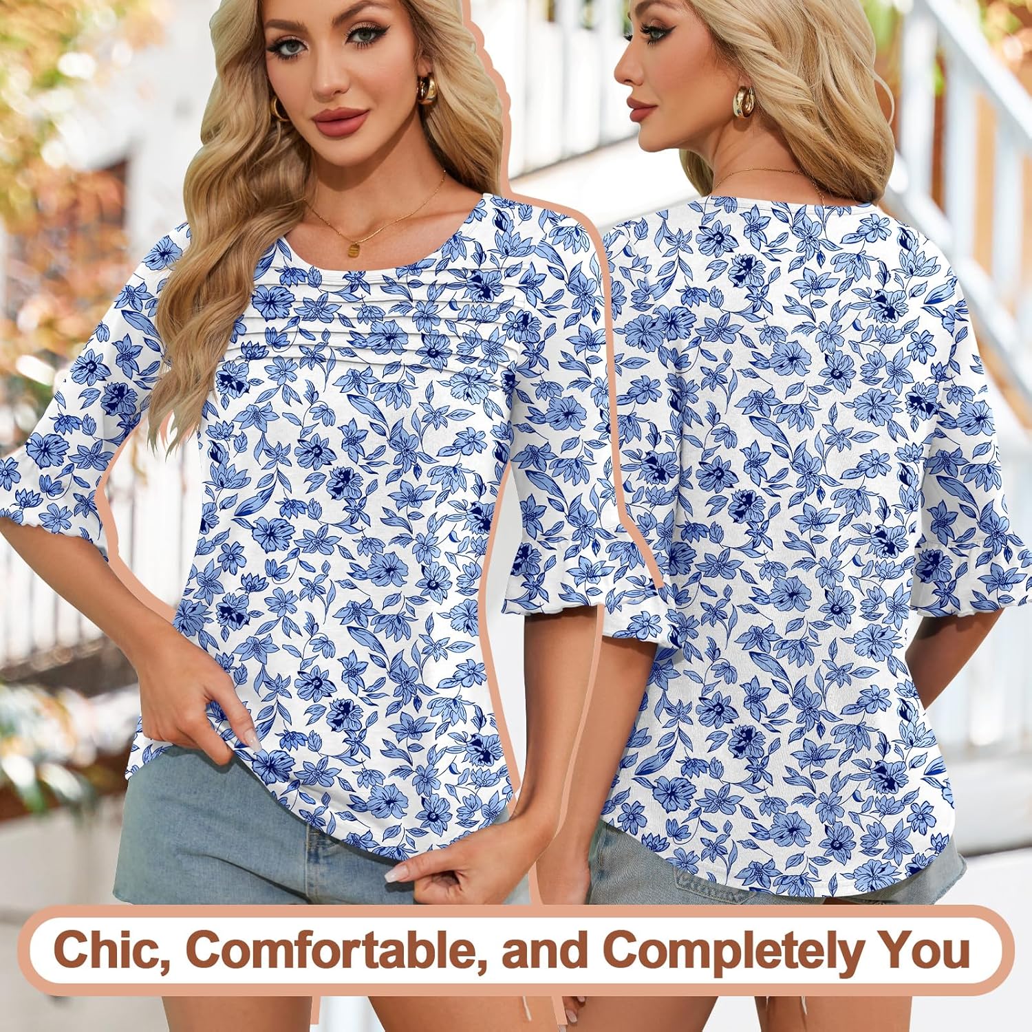 Blingfit Womens Tops 3/4 Length Sleeve Dressy Casual Shirts Bell Sleeve Front Pleated Fasion Trendy Summer Blouses 2026 - Image 2