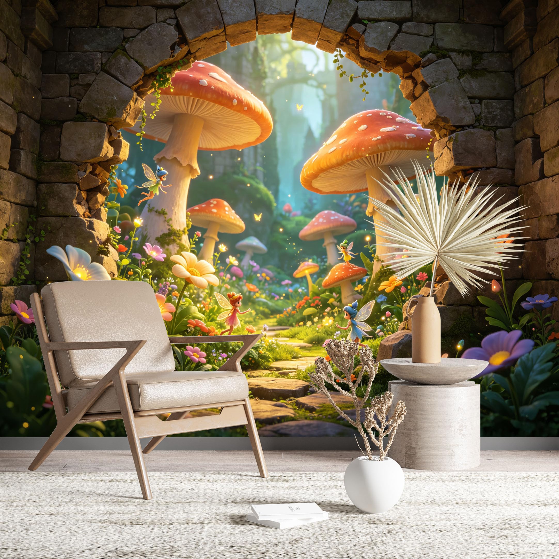 Custom Size Wall Murals Enchanted Mushroom Forest with Fairies Wall Covering Fabric Self-Adhesive Wall Fabric (NO PVC) Removable Wallpaper for Kids Room Bedroom