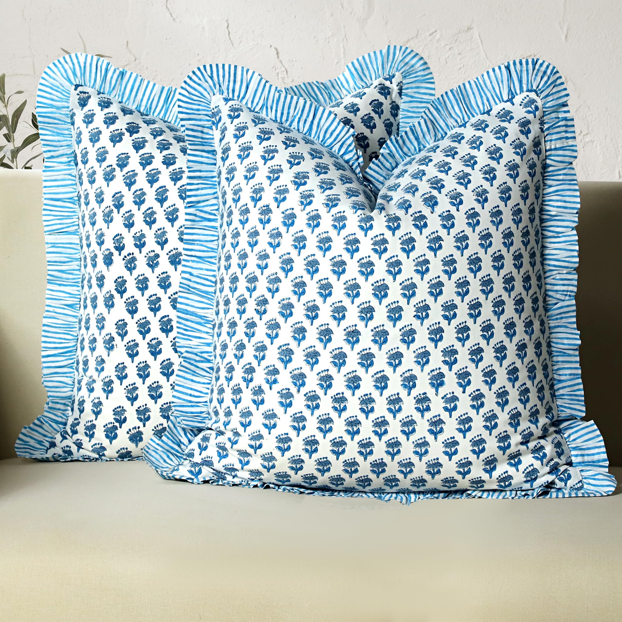 CPC Housse de Coussin à Volants en Coton à Rayures pour canapé, 45,7 x 45,7 cm, taie d'oreiller à Volants et Fermeture éclair dissimulée de 35,6 cm, Bleu Apatite